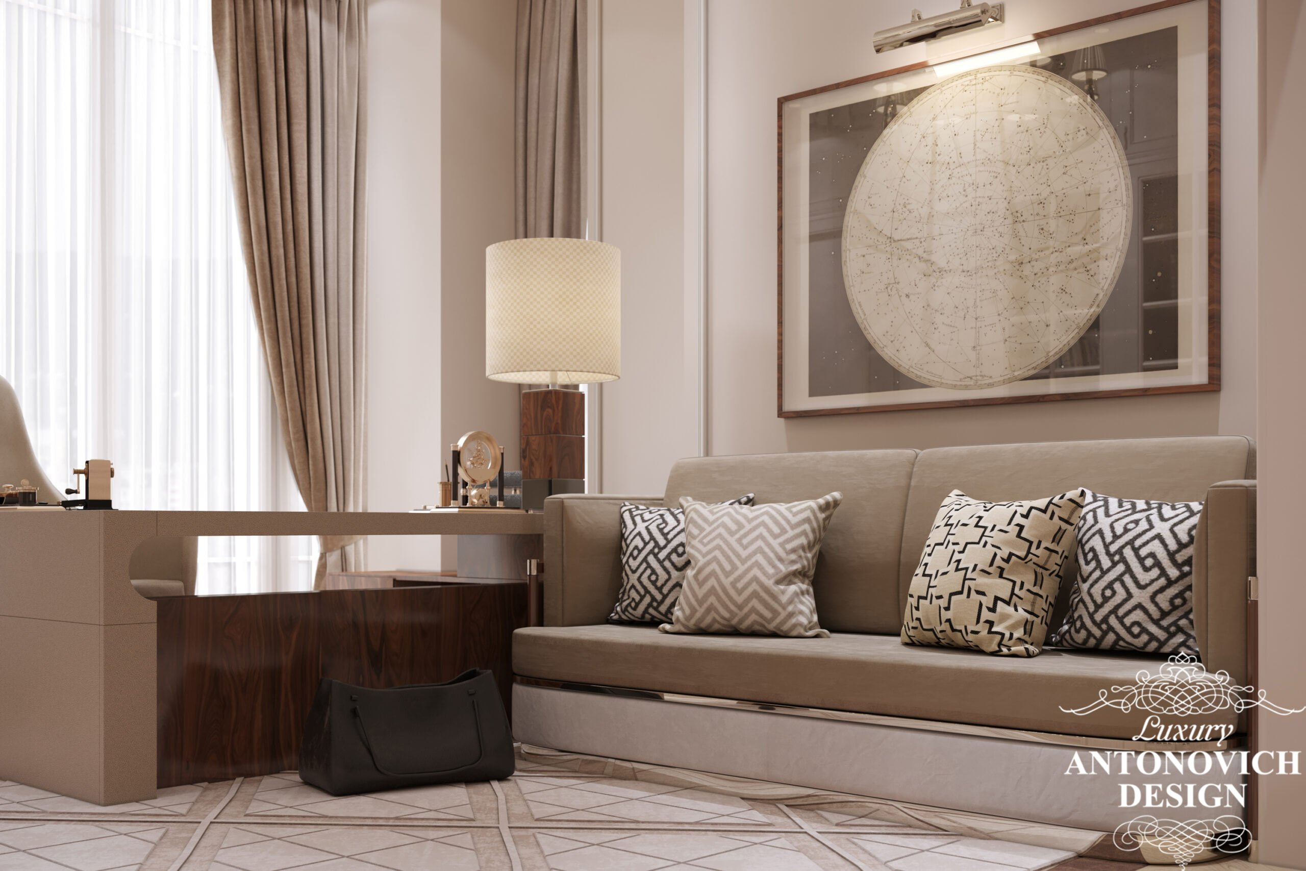 Итальянская светлая мягкая мебель в дизайнерском проекте роскошного кабинета в дизайне дома
