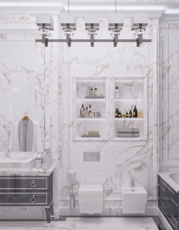 Отделка из итальянского мрамор и керамогранита в дизайнерском проекте ванной комнаты