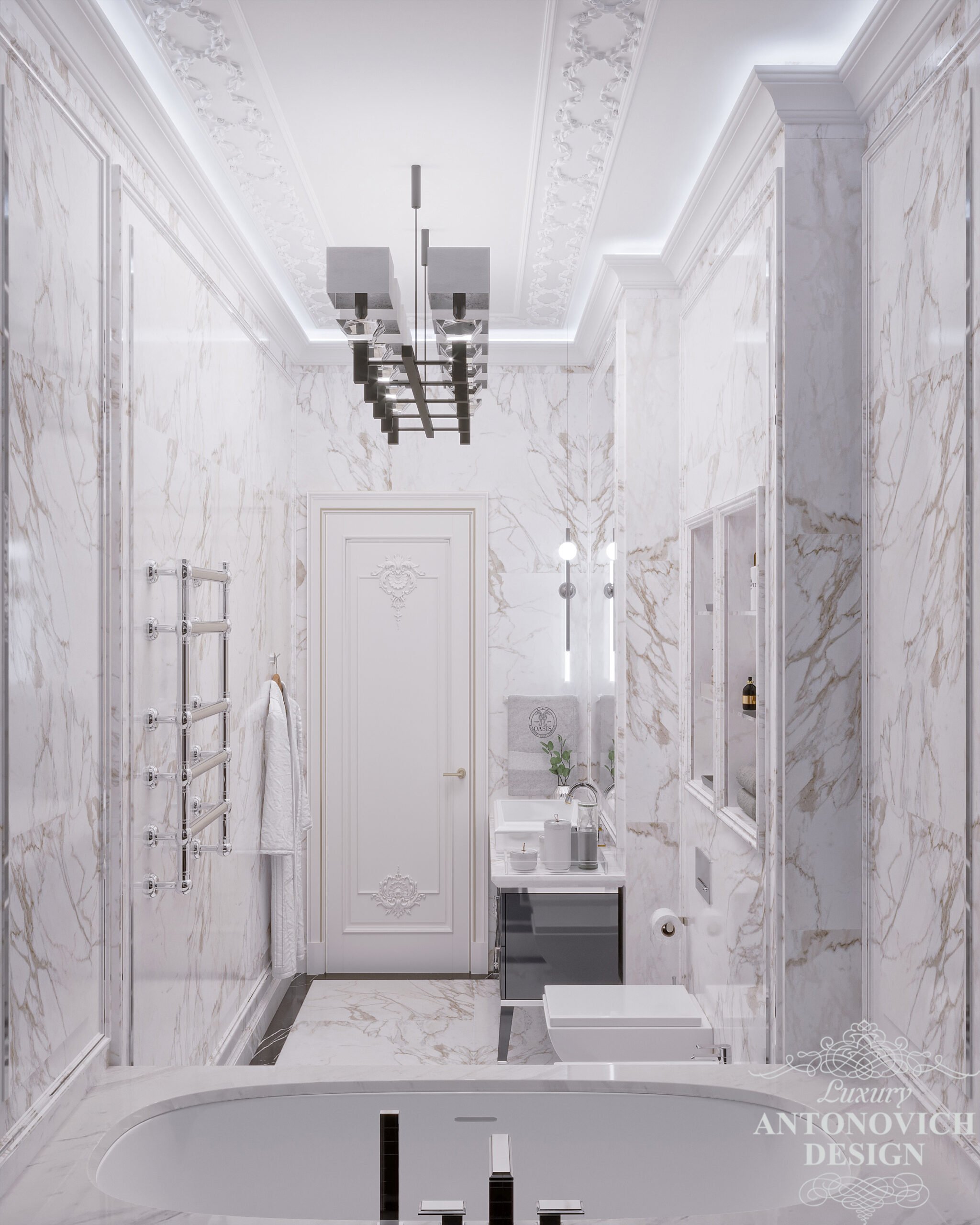 Дизайн современной ванной с высокими потолками в стильных светлых оттенках и изящным декором