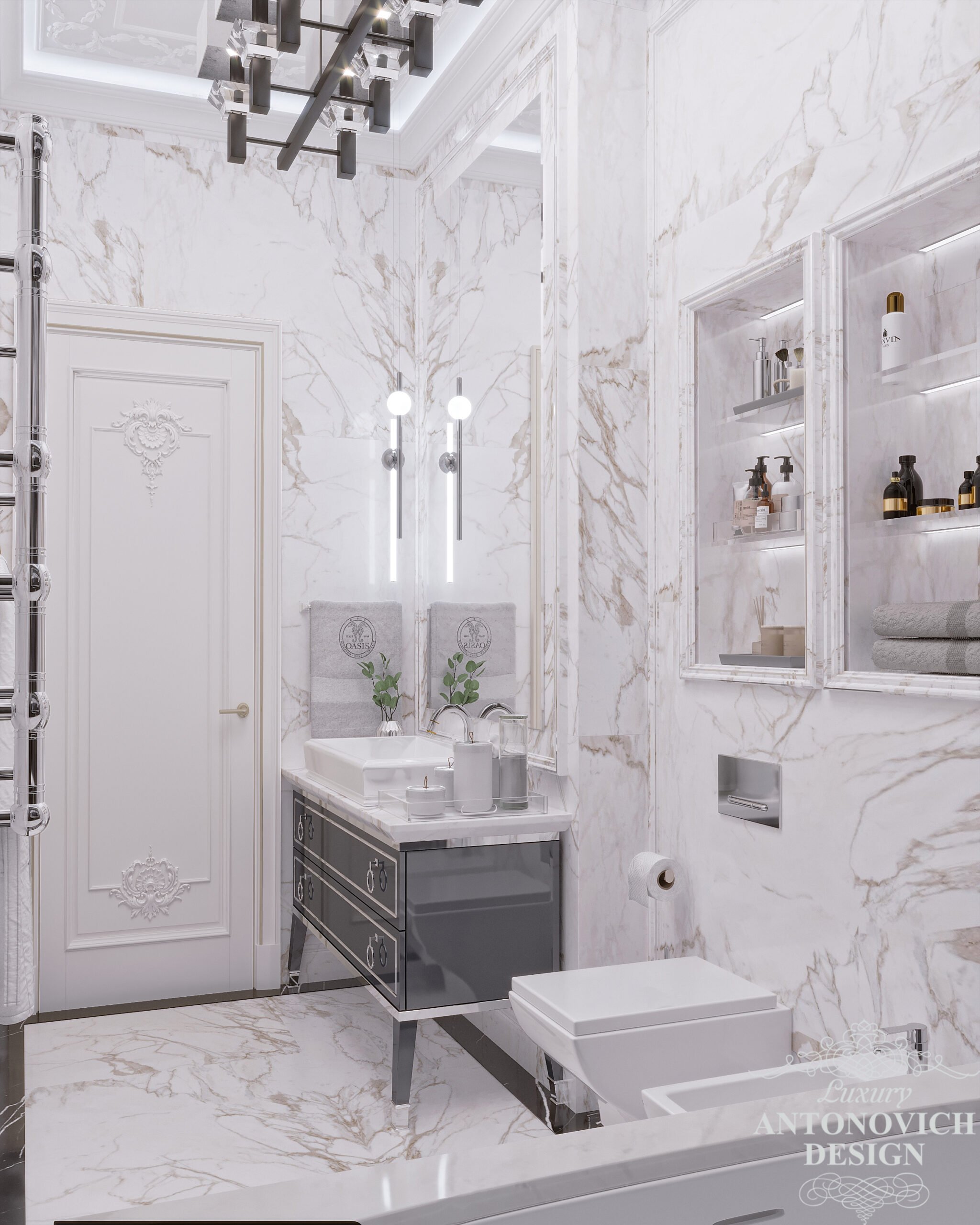Глянцевые стеклянные поверхности и современные стильные светильники в авторском дизайн-проекте интерьера ванной в проекте современной квартиры