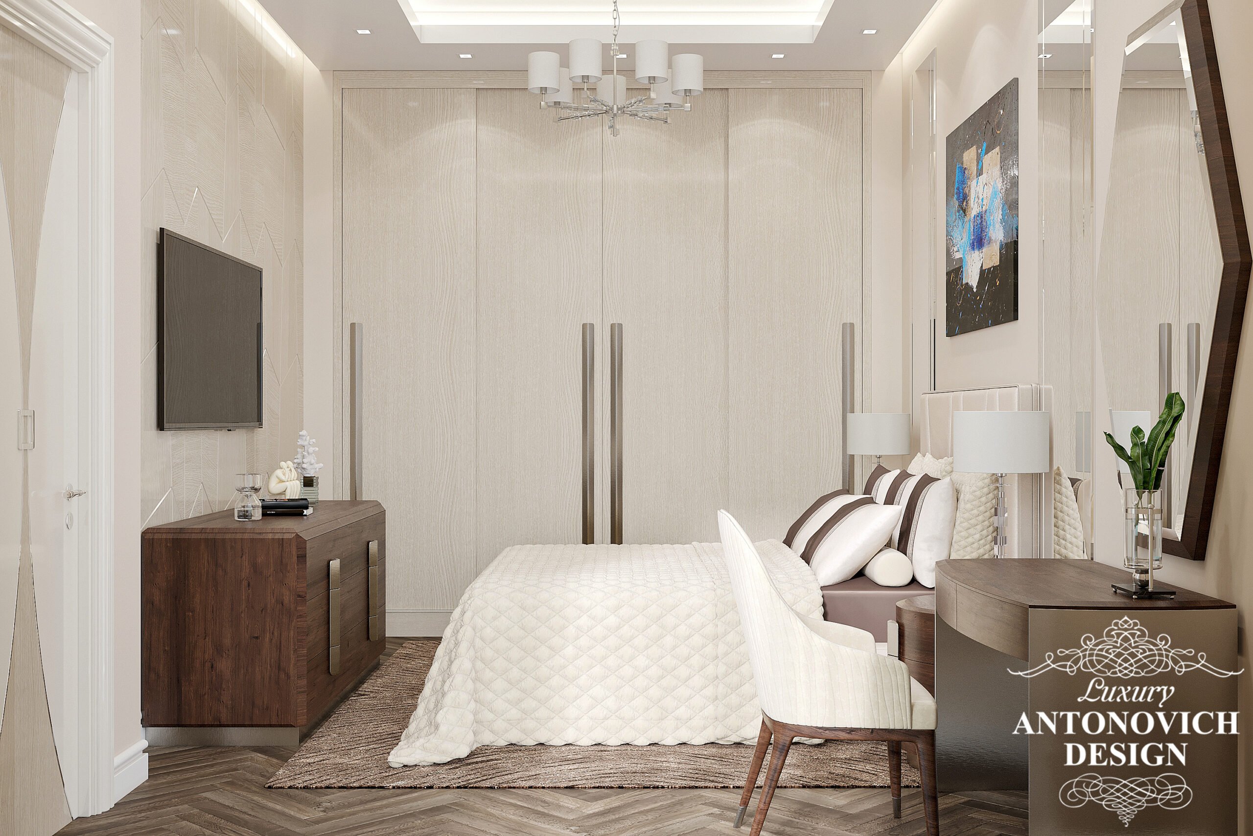 Стильна трендова меблі і функціональні вбудовані шафи в дизайнерському проекті спальні для жінки