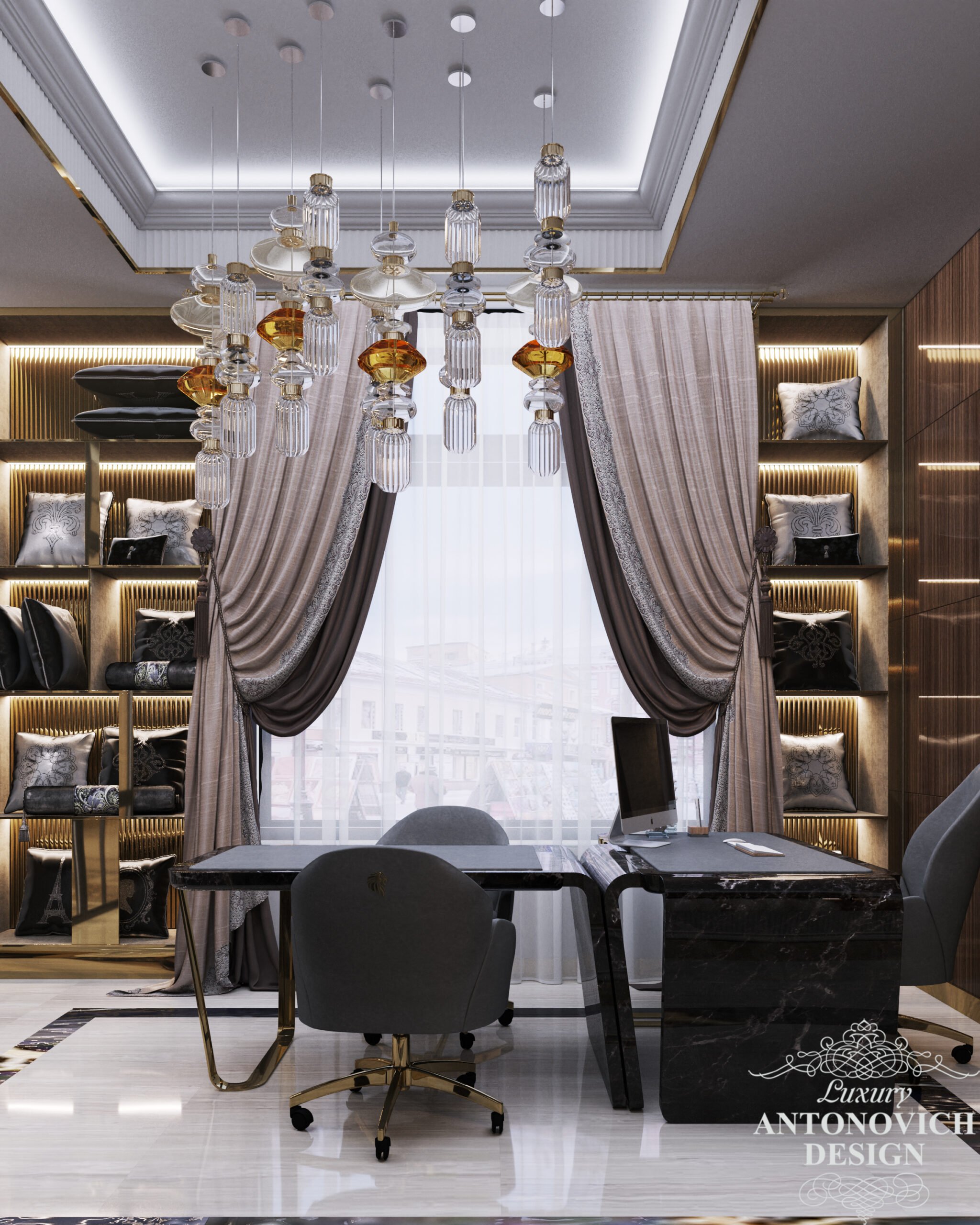 Розкішна італійські меблі в темних відтінках і дорогий текстиль в авторському проекті кабінету директора