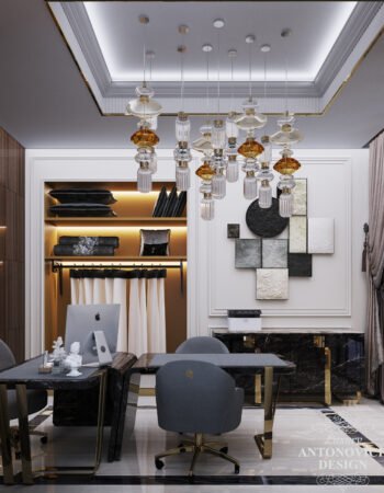 Изящный современный декор и трендовые светильники в дизайнерском проекте кабинета владельца бутика