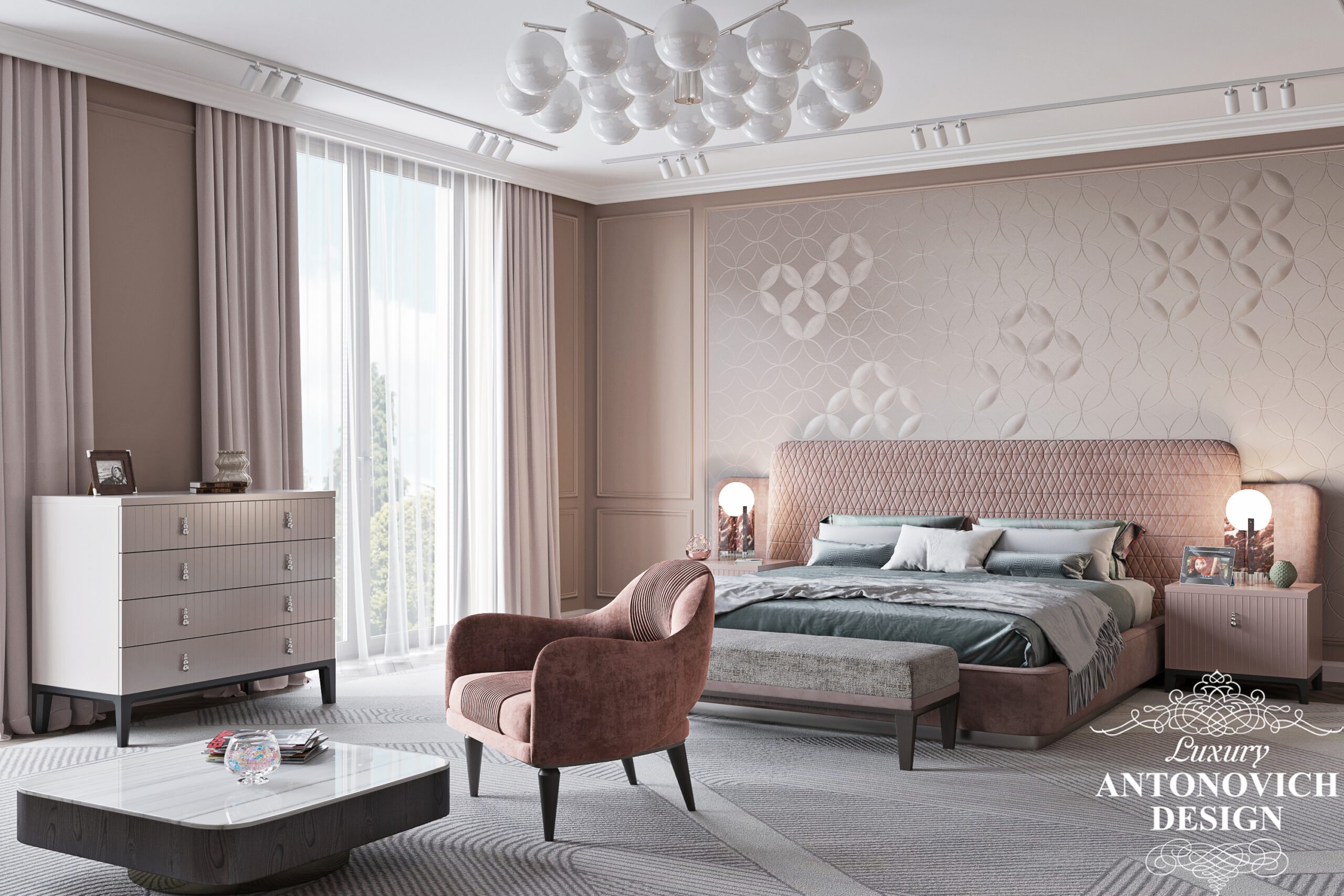 Дизайн женской спальни в нежных утонченных оттенках и роскошной мебелью