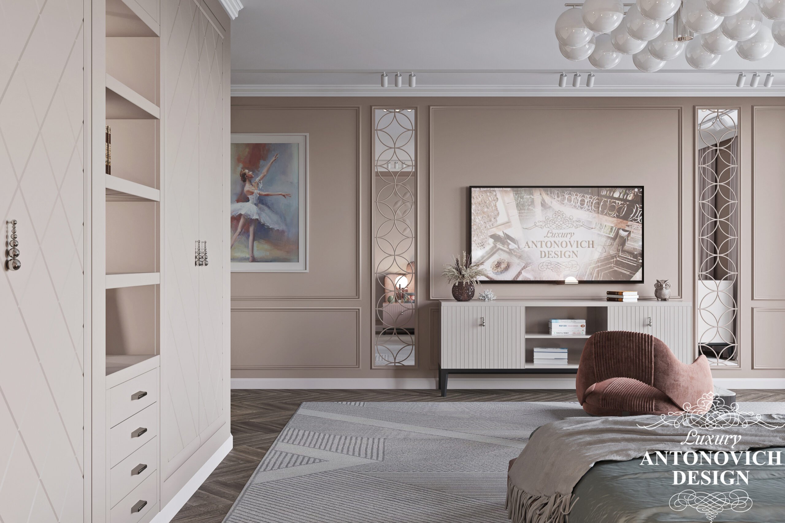 Комфортна ТВ-зона і просторий гардероб в дизайнерському проекті жіночої спальні в дизайн-проект квартири