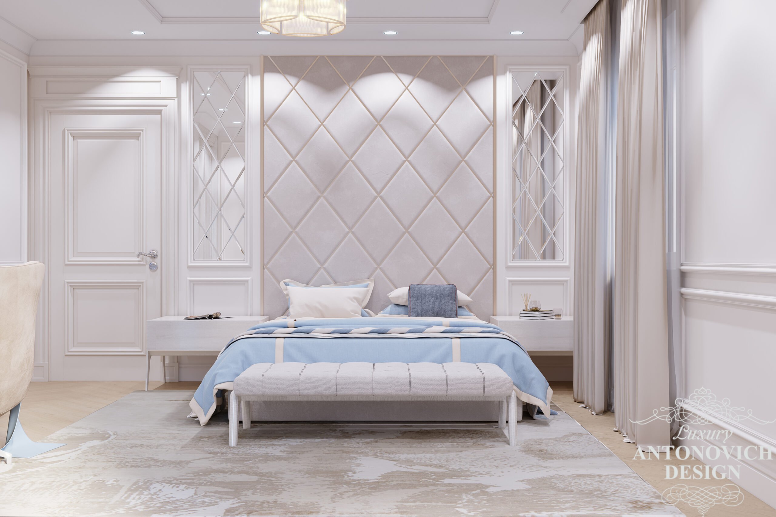 Мягкая стеновая панель с геометрическими вставками и зеркалами в авторском проекте спальни в частном доме