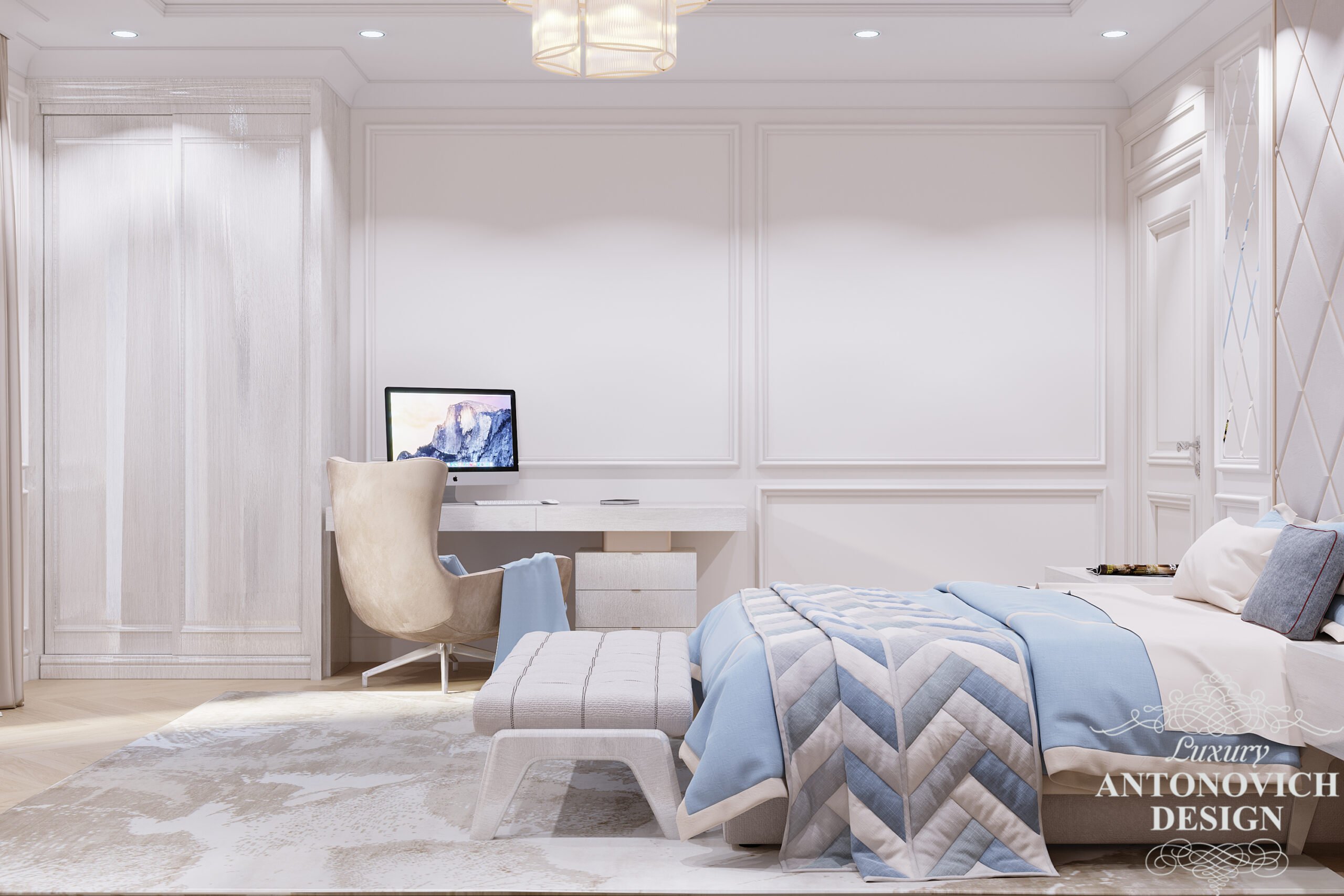 Рабочая зона и гардеробная из светлого дерева в проекте гостевой спальни в дизайне дома