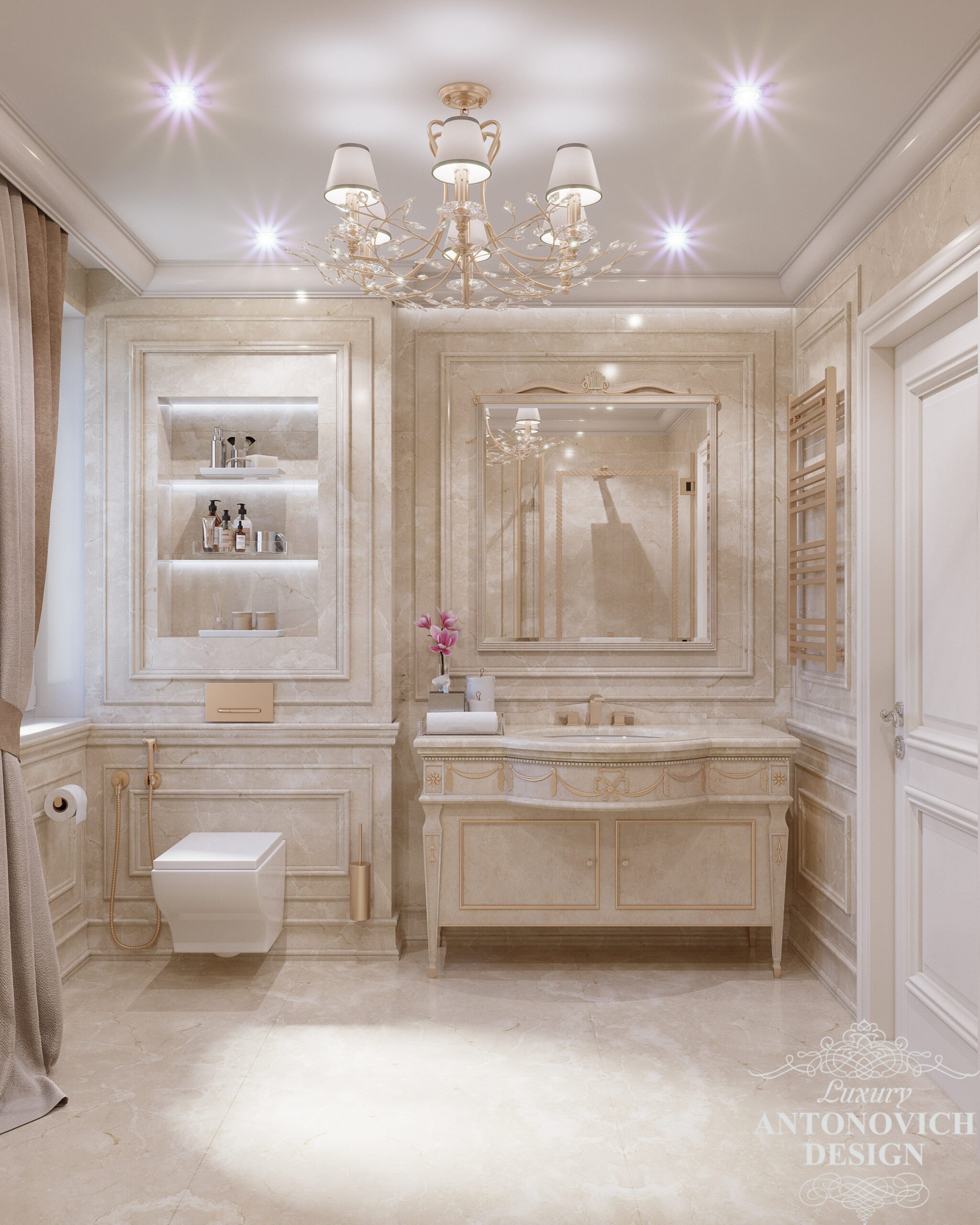 Бежеві відтінки і мармурова обробка в проекті господарської ванни в дизайні будинку