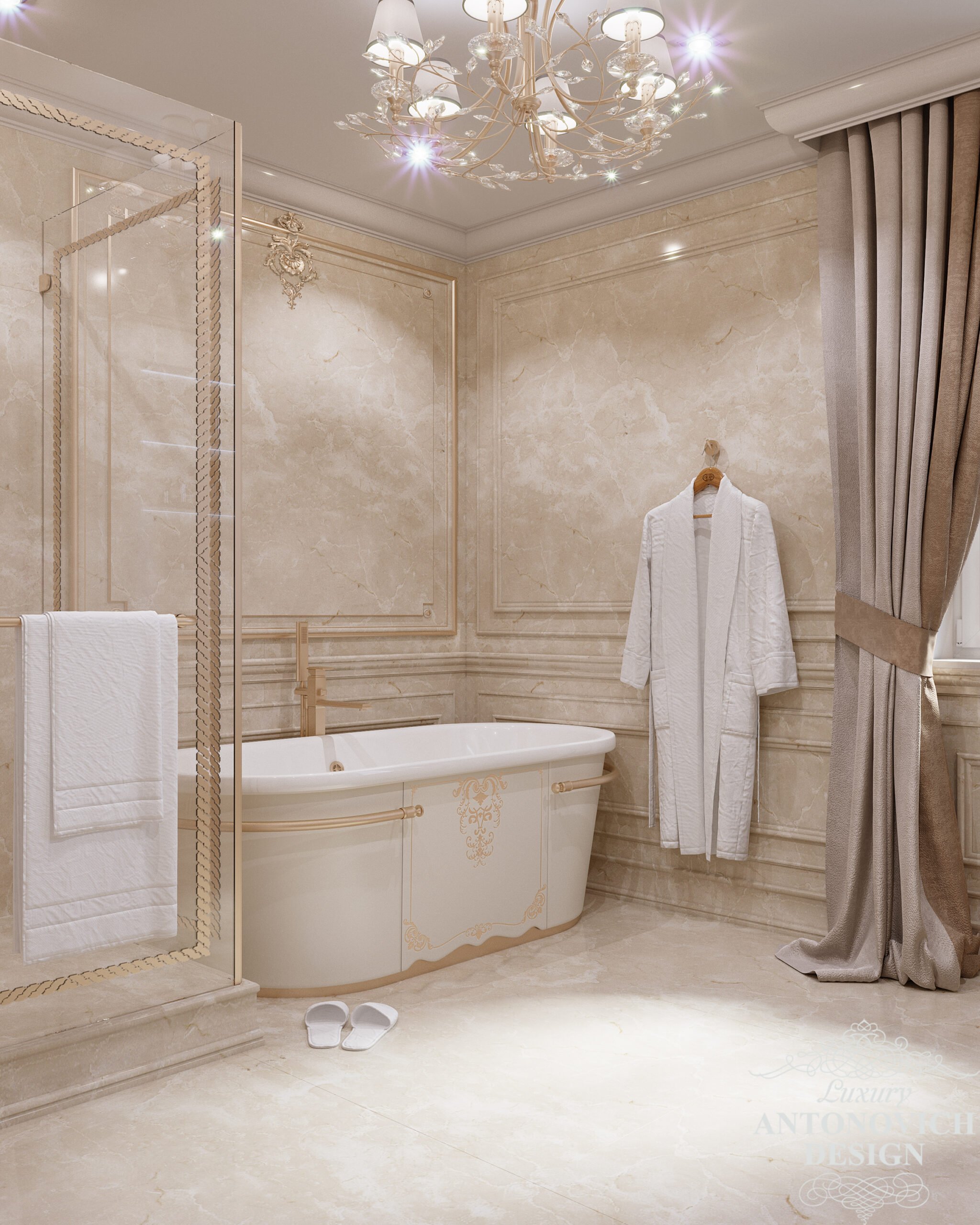 Утонченная классическая ванная в светлых оттенках с отделкой из дорогих материалов в дизайне частного дома
