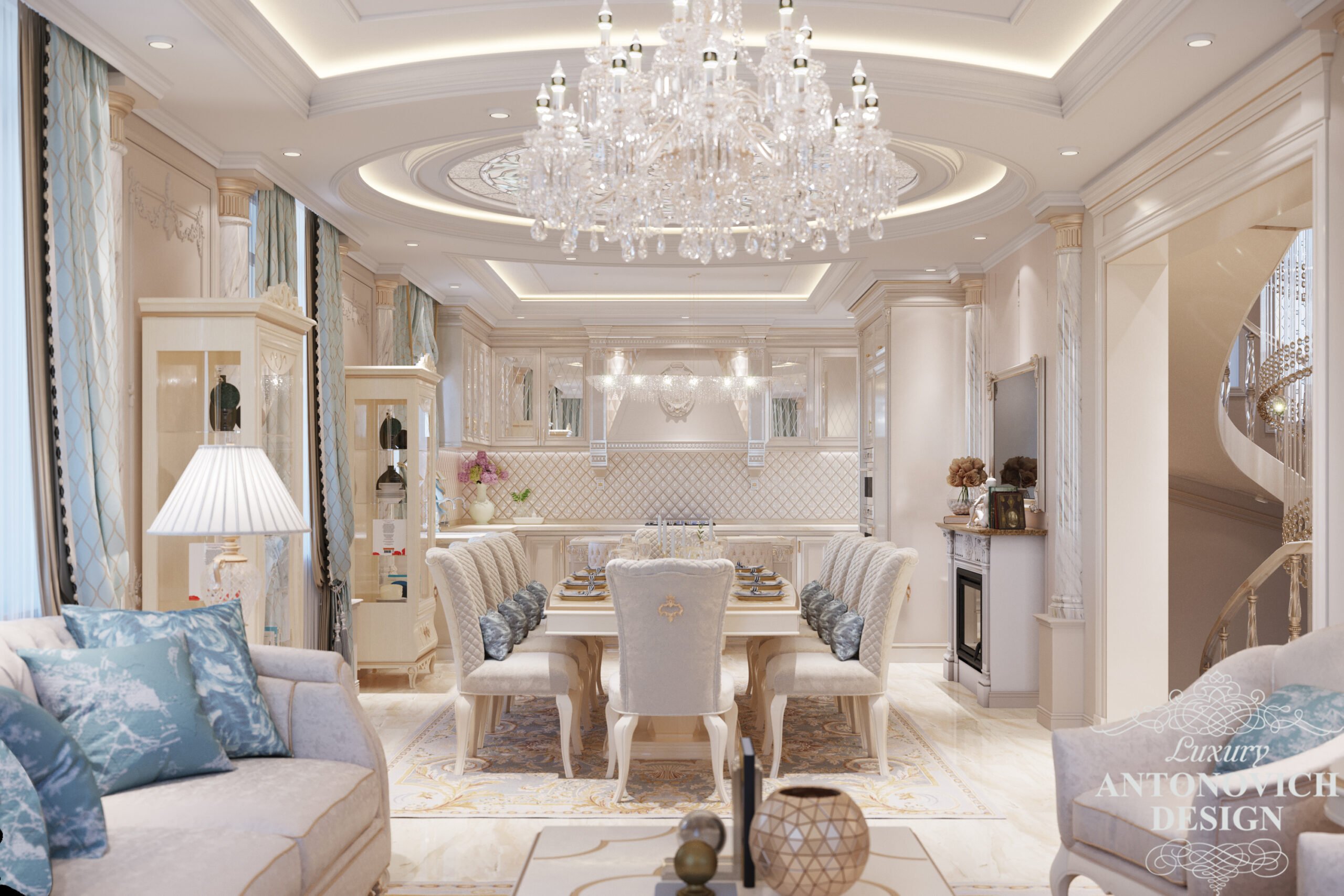 Розкішні меблі і рояль в дизайні світлої просторої вітальні в класичному стилі