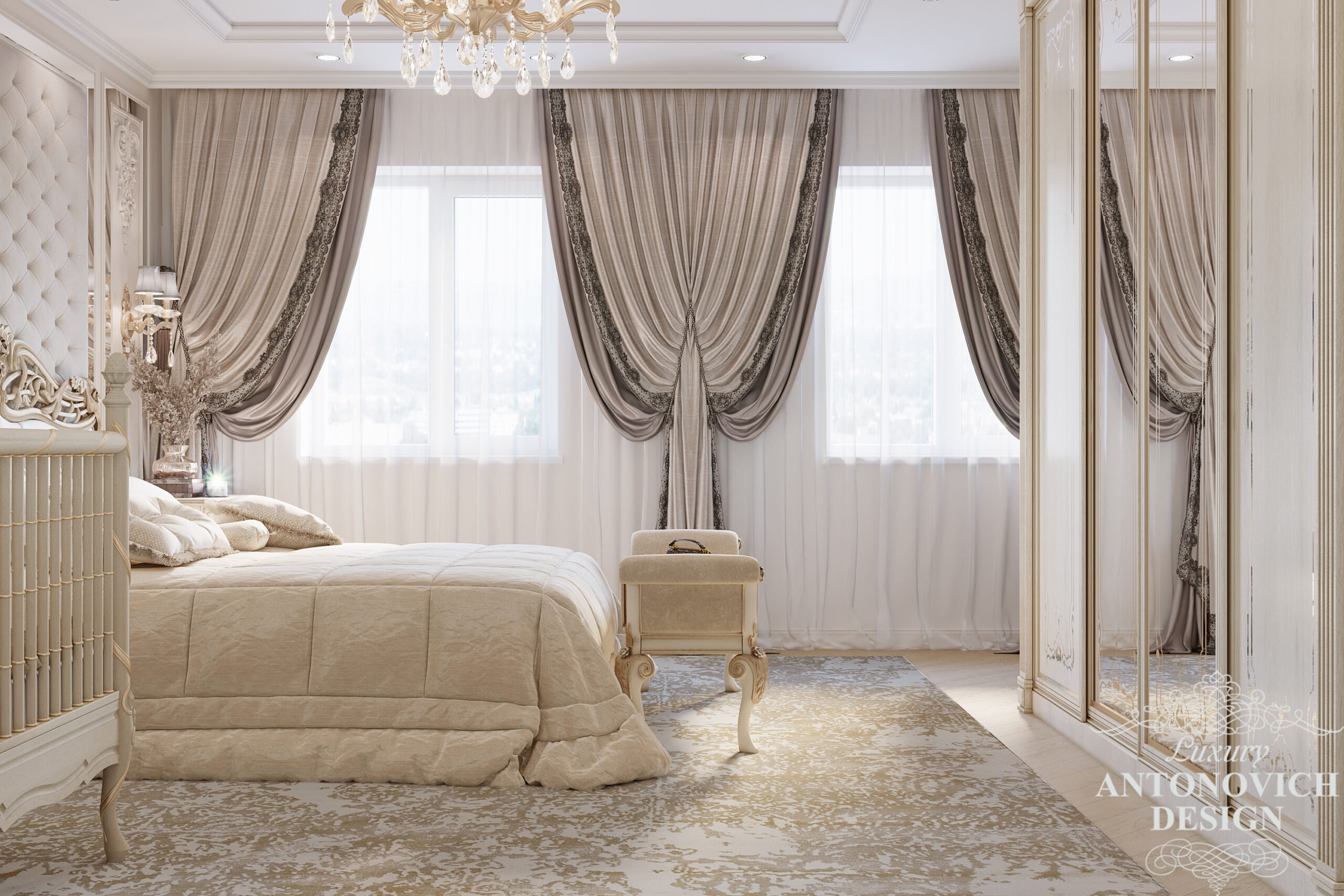 Витончення текстиль в ніжніх нейтральних відтінках в дізайні спальні в стилі новой класики в Авторська проекті будинку