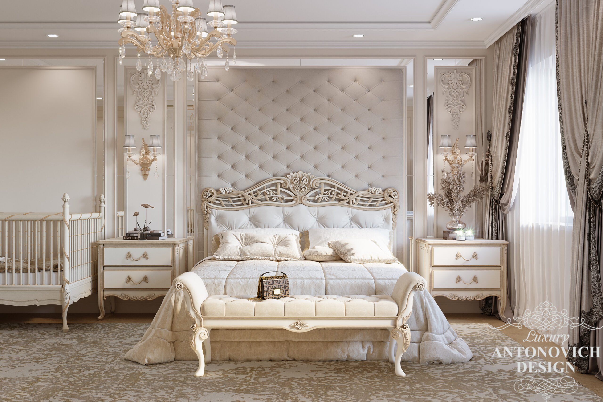 Дизайн мастер-спальни у бежевих світлих тонах в класичному стилі