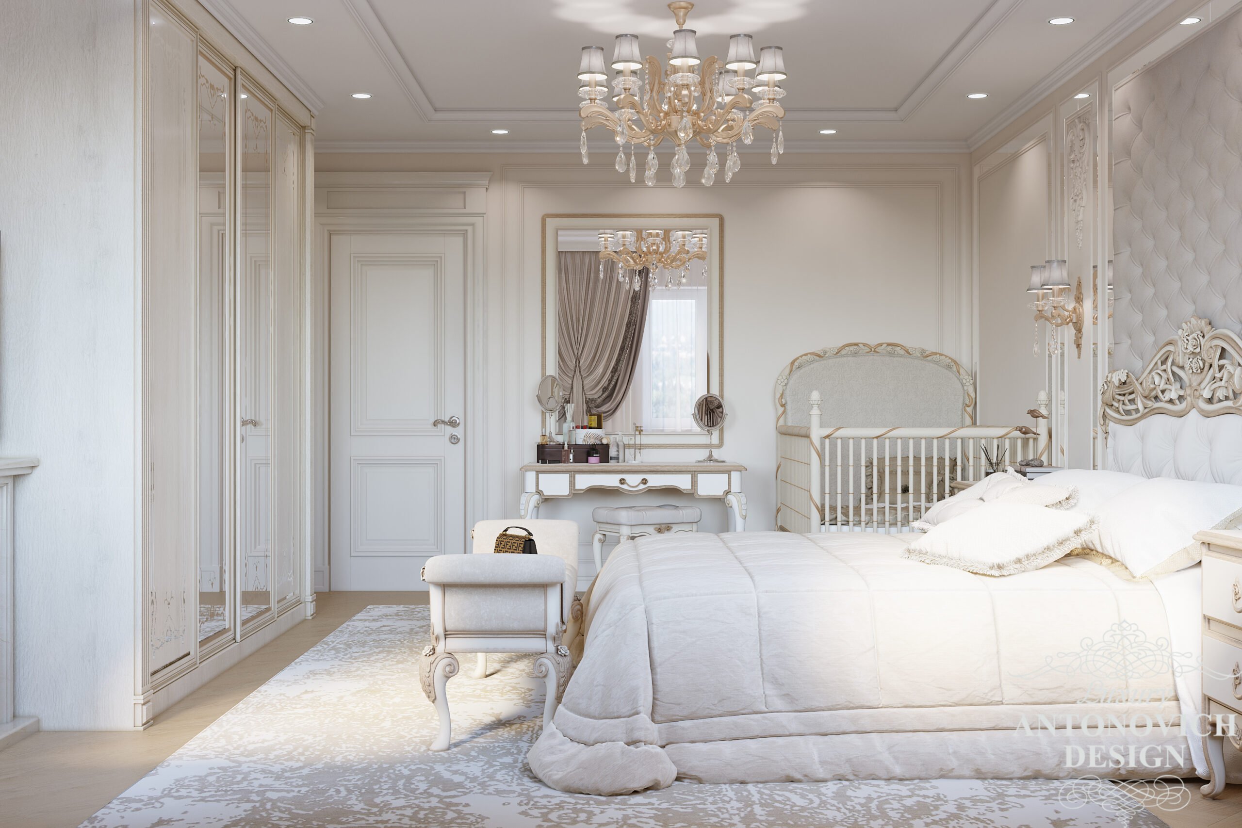Просторий шафа купе зі світлого дерева і елегантна люстра в королівському стилі в дизайні спальні
