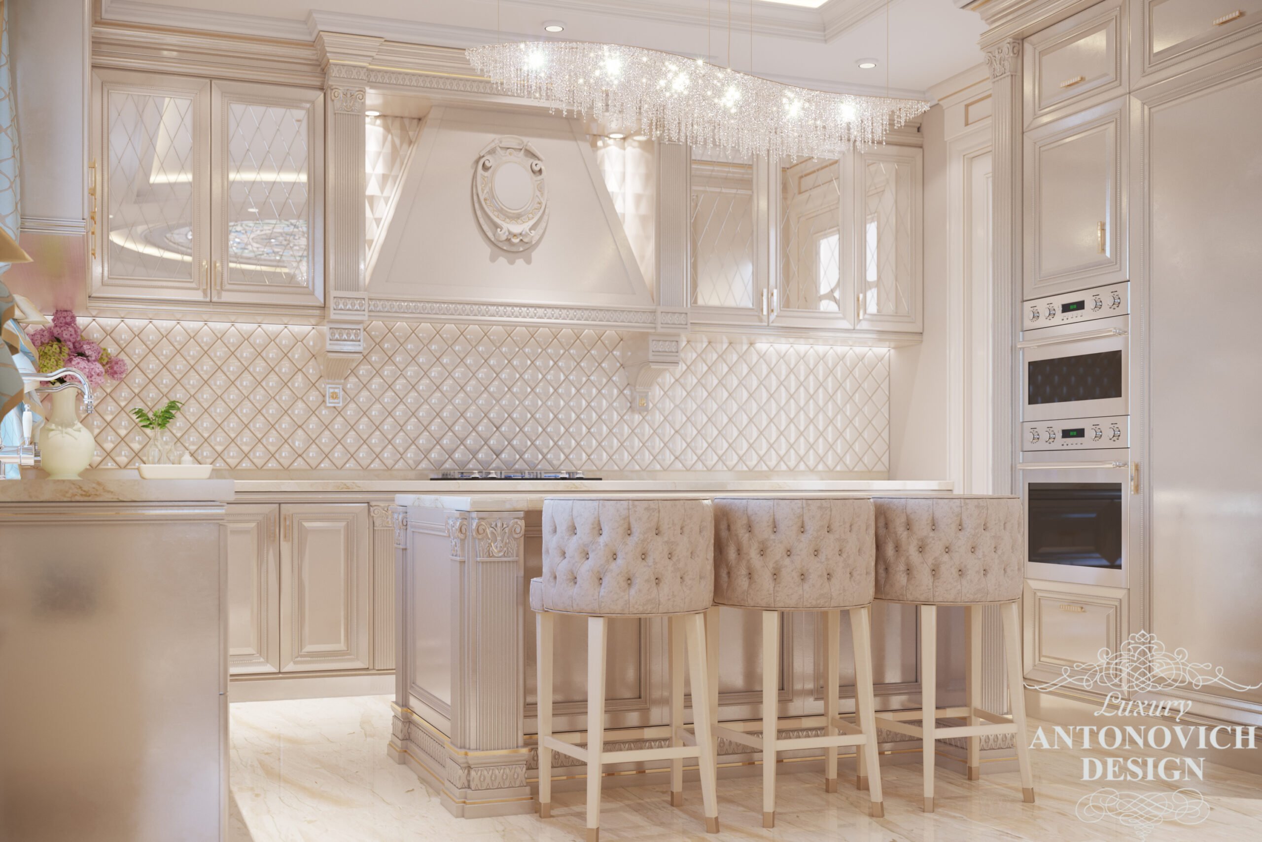 Дизайн елегантної кухні в стилі неокласика у світлих витончених тонах