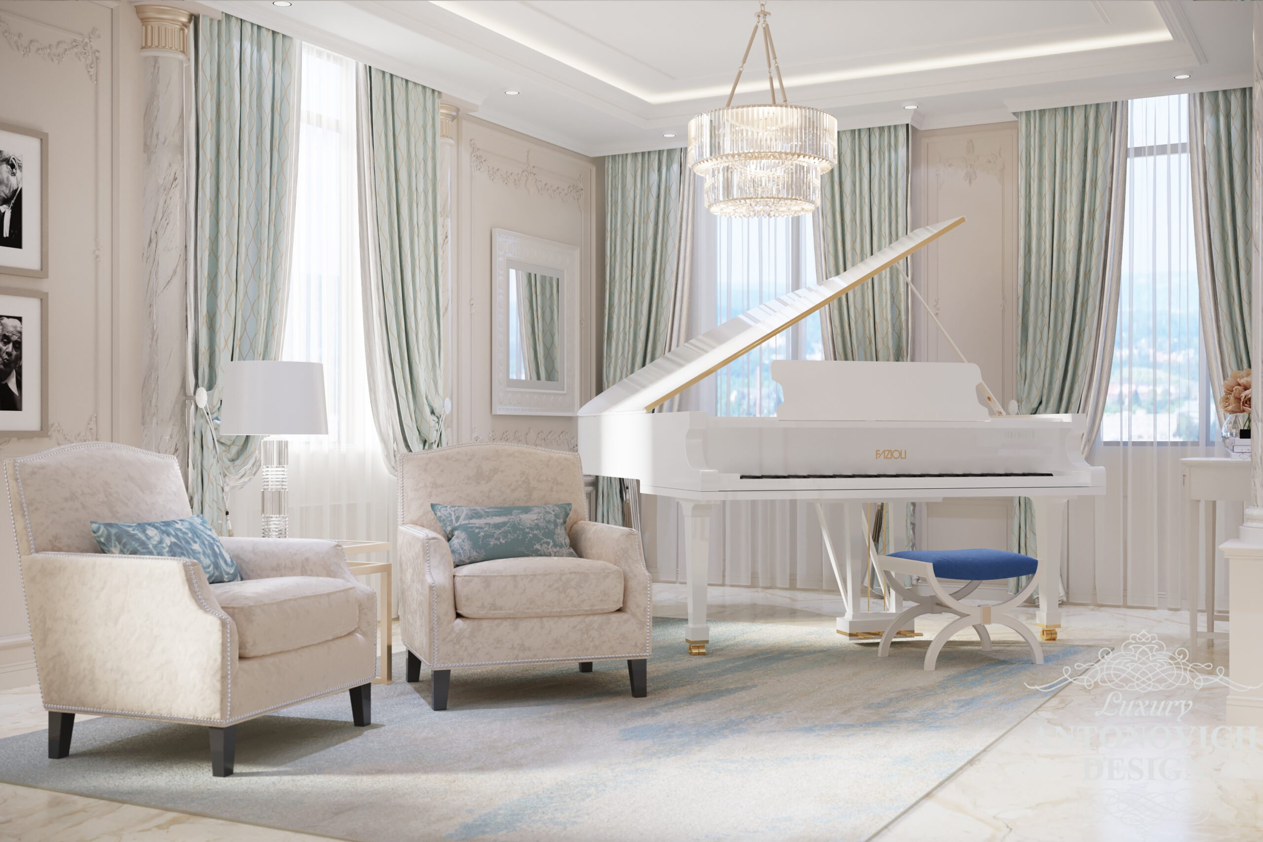 Розкішні меблі і рояль в дизайні світлої просторої вітальні в класичному стилі