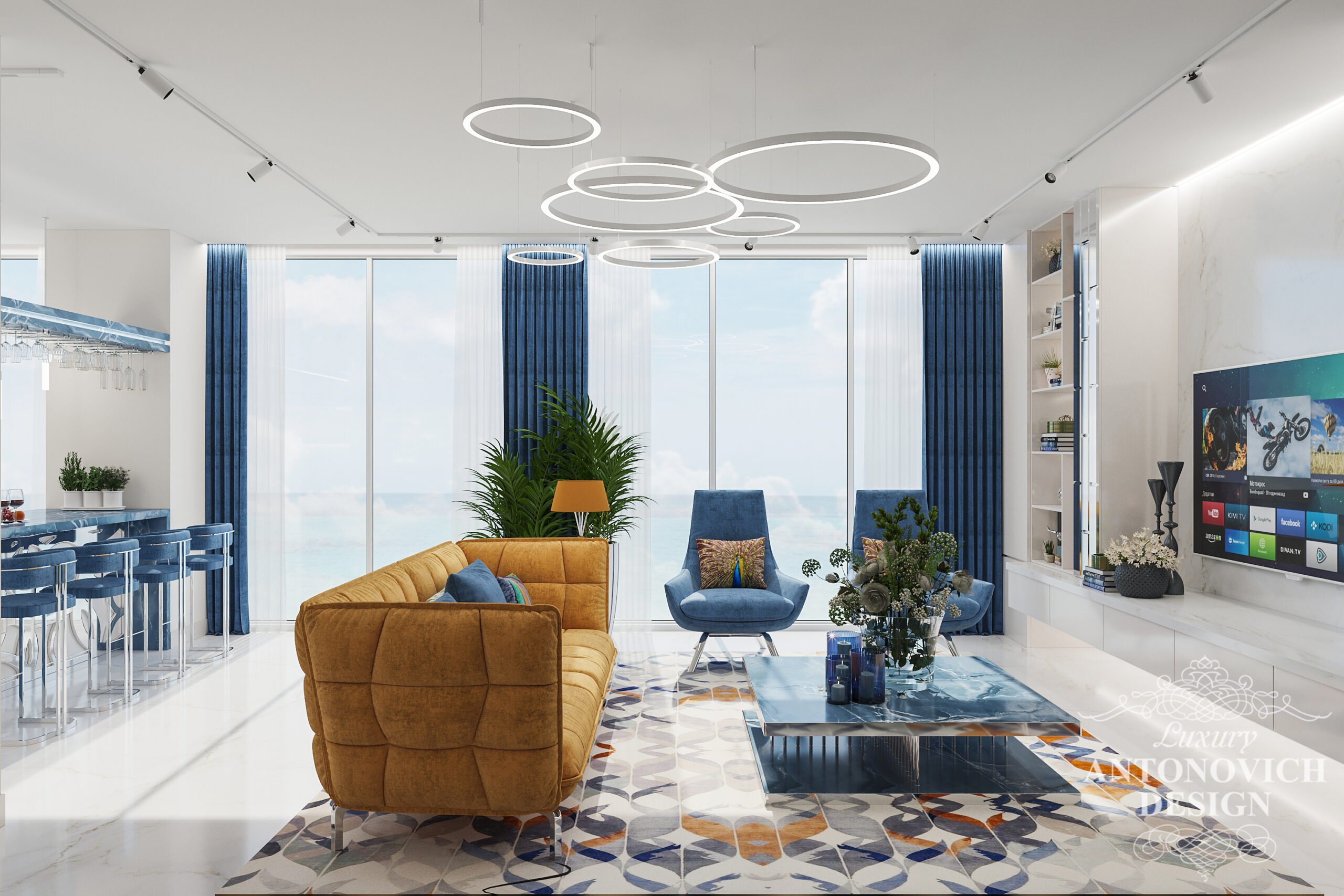 Дизайн-інтер'єр вітальні з панорамним видом в дизайні елітної квартири
