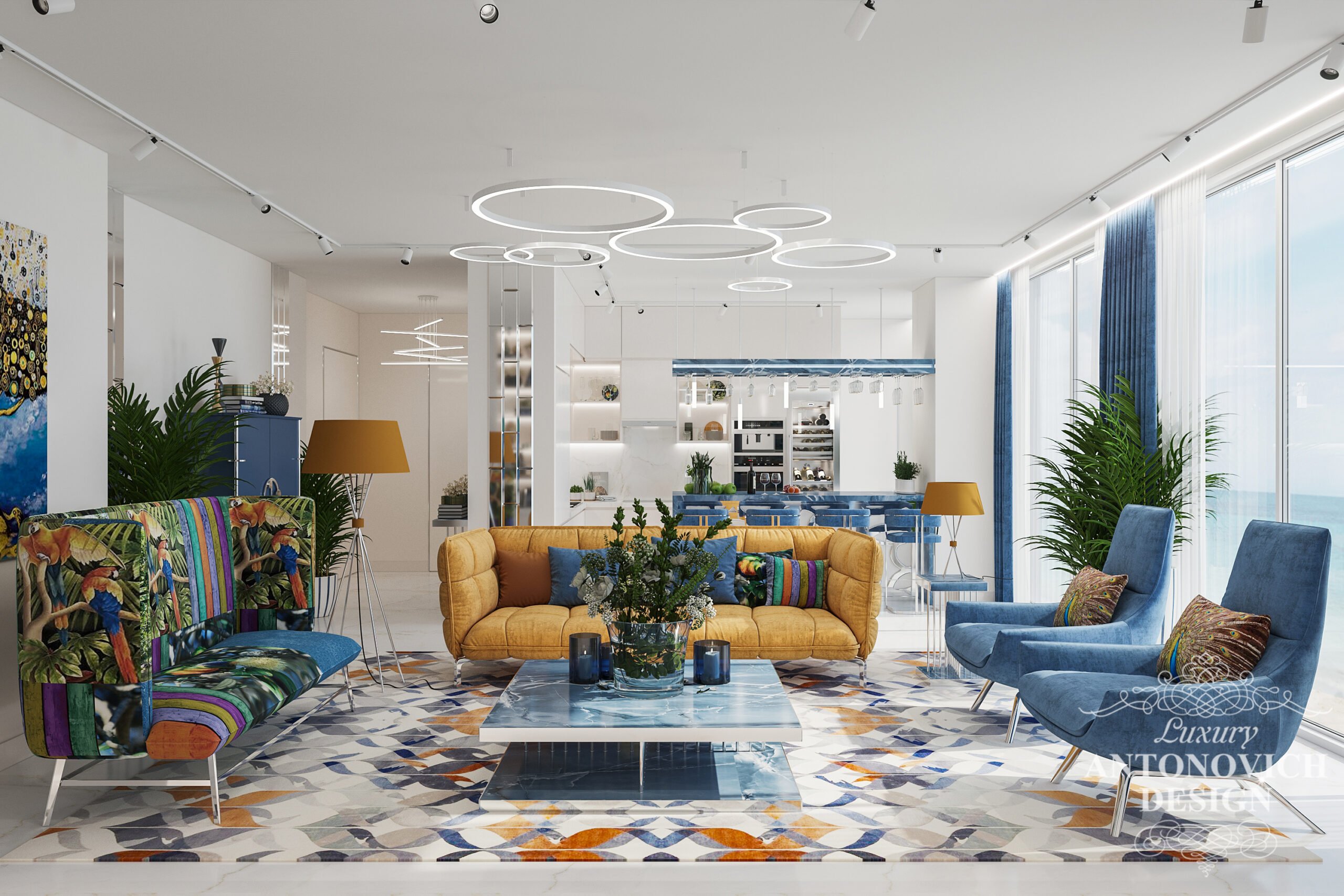 Дизайн светлой большой квартиры в средиземноморском стиле с яркими уютными акцентами