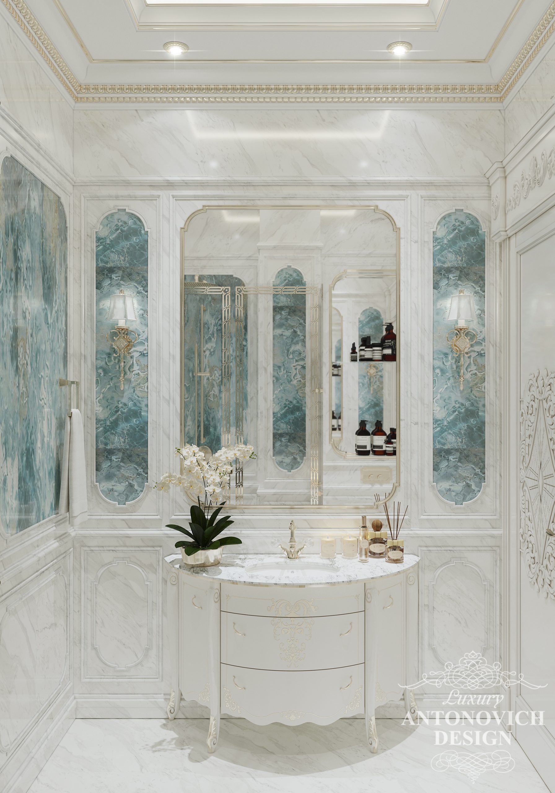 Дизайн проект ванной комнаты. Голубой мрамор в интерьере