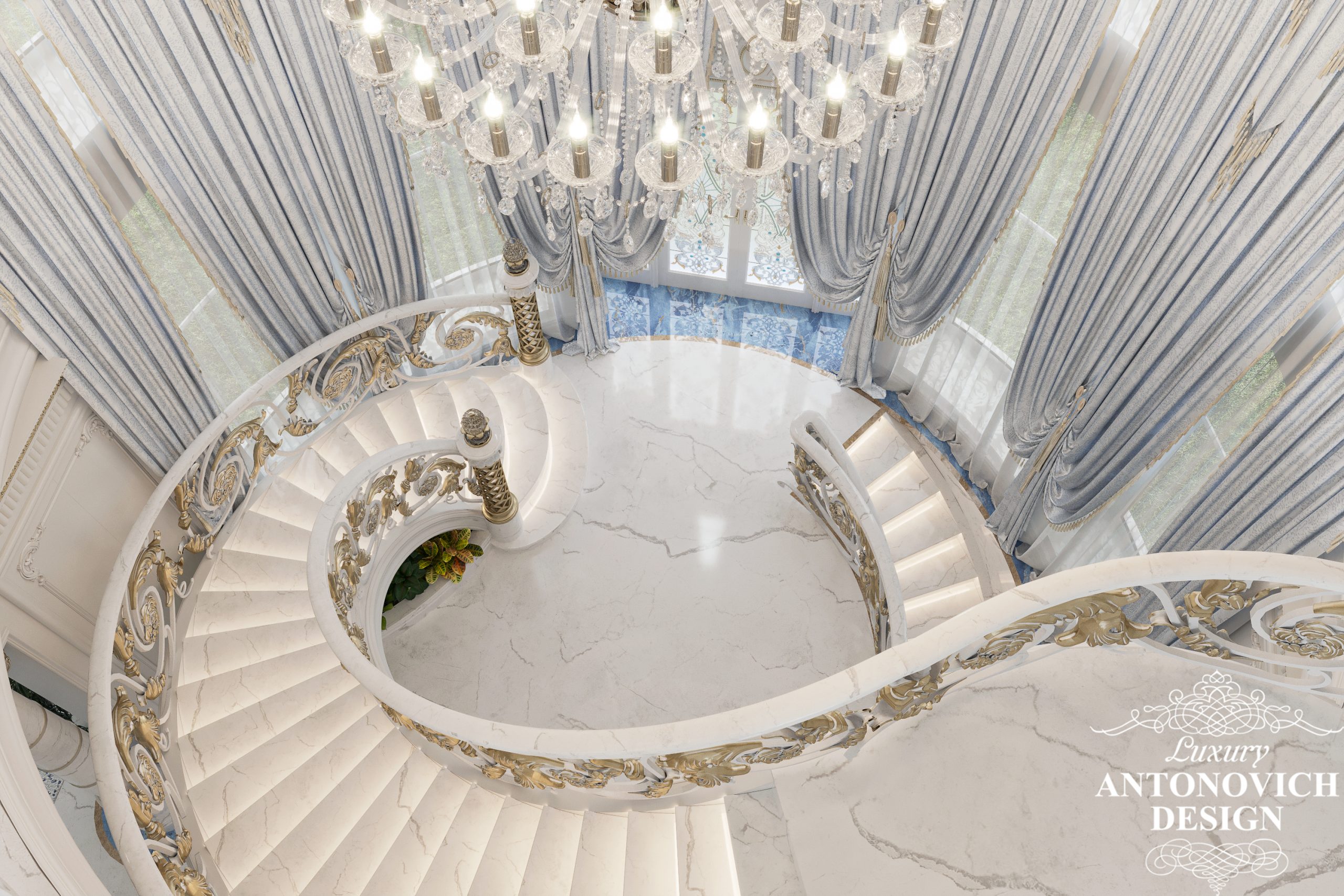 Мраморная лестница с коваными элементами, изящным декором и позолотой. Проект дома Украина