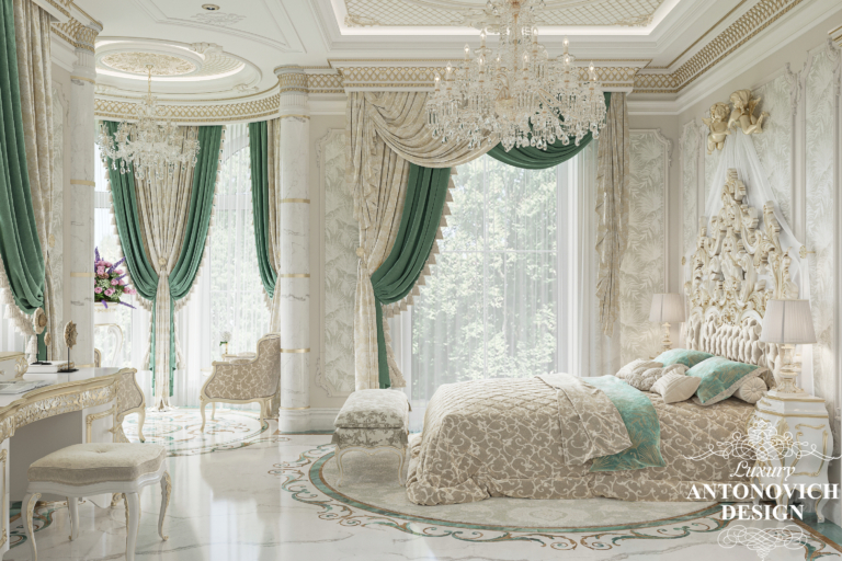 Роскошная спальня в классическом стиле с лепным декором, итальянской мебелью и авторскими аксессуарами. Дизайнс пальни с эркером в проекте элитного дома.