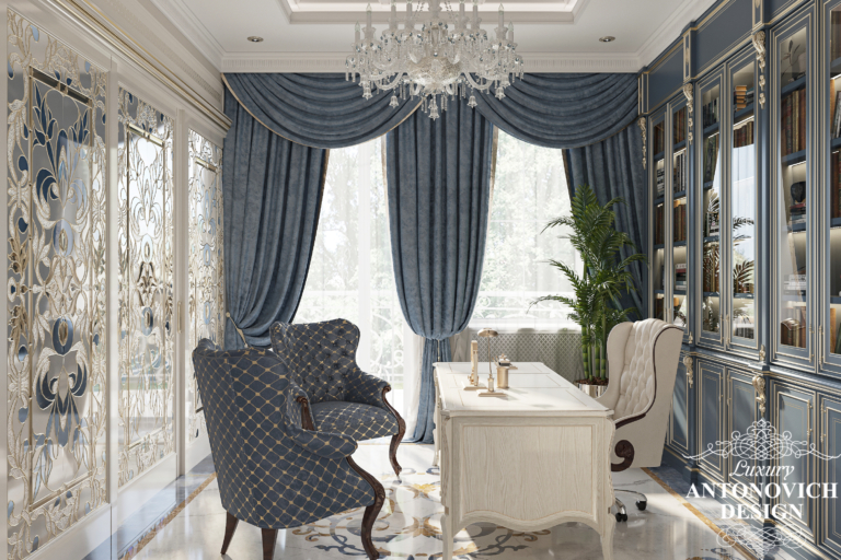 Дизайни інтер'єрів. Мармур, вітражі, італійські меблі в дизайні домашнього кабінету в проекті будинку.
