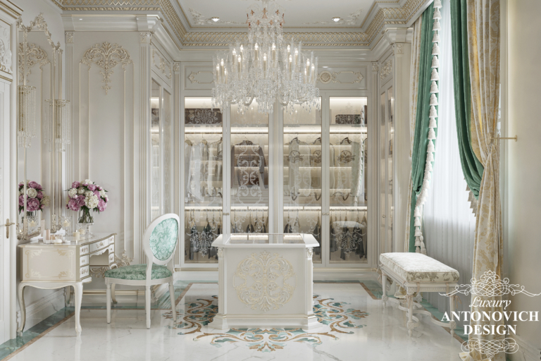 Мармур, кришталь, Дамаску візерунок, авторські аксесуари в дизайні головною вбиральні в класичному стилі. Елітні дизайни вбиральні.