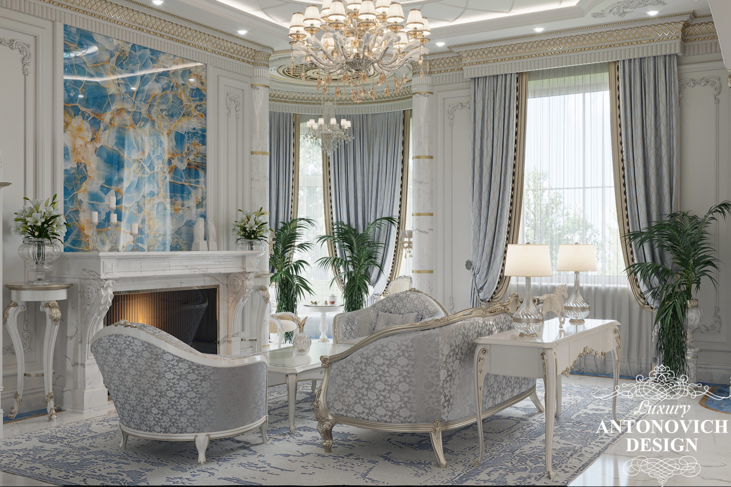 Дизайн проект парадной гостиной. Отделка из мрамора и голубого оникса в классических интерьерах
