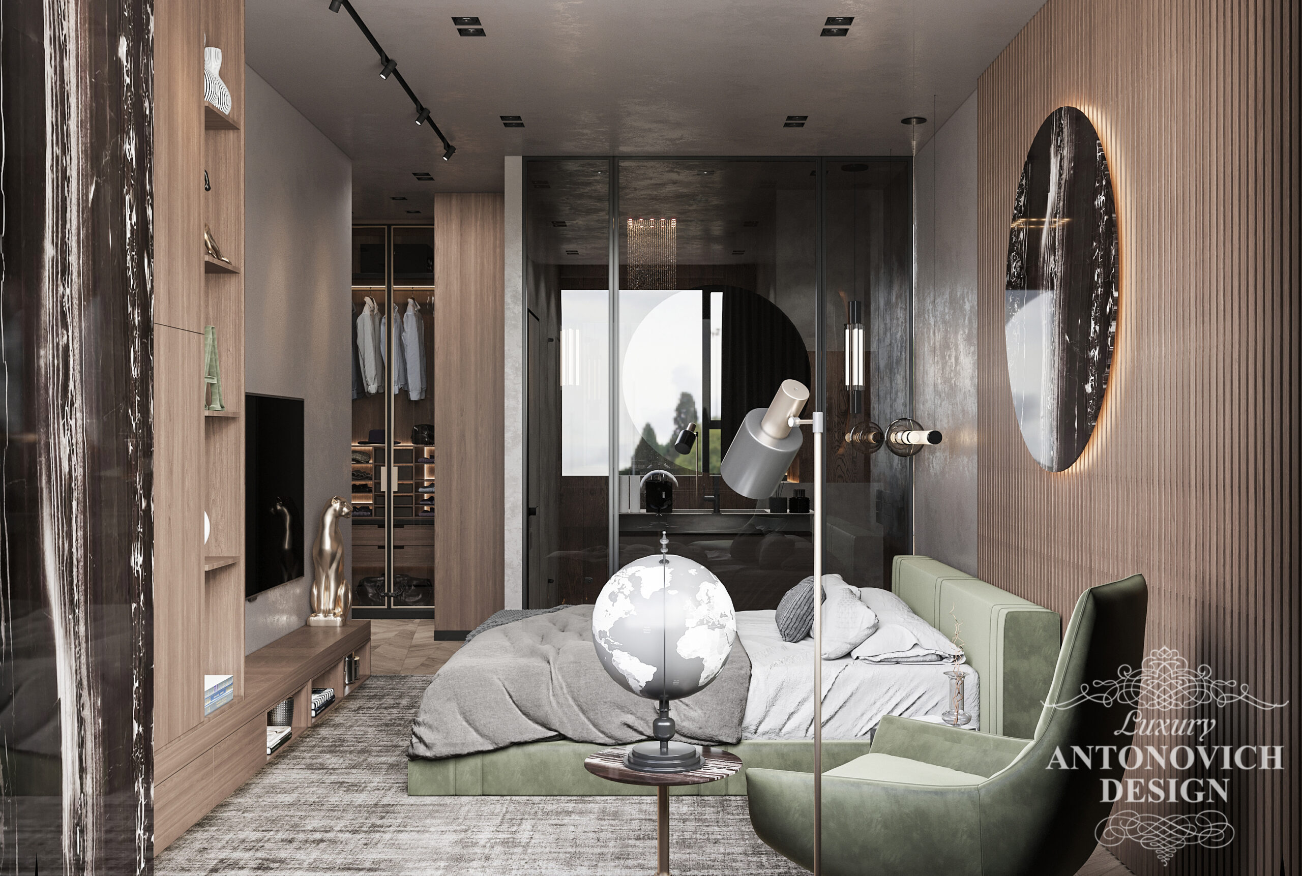 Трендовий декор в інтер'єрі спальні. Спальня для чоловіка в монохромного палітрі відтінків в проекті сучасної квартири.
