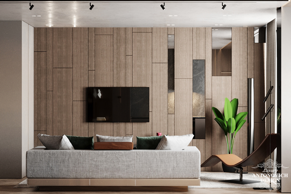 Стильный интерьер квартиры с отделкой из дерева. Дизайн квартиры студии