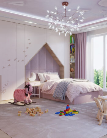 Дизайн детской спальни для девочки. Панорманые окна и дерево в дизайне детской комнаты
