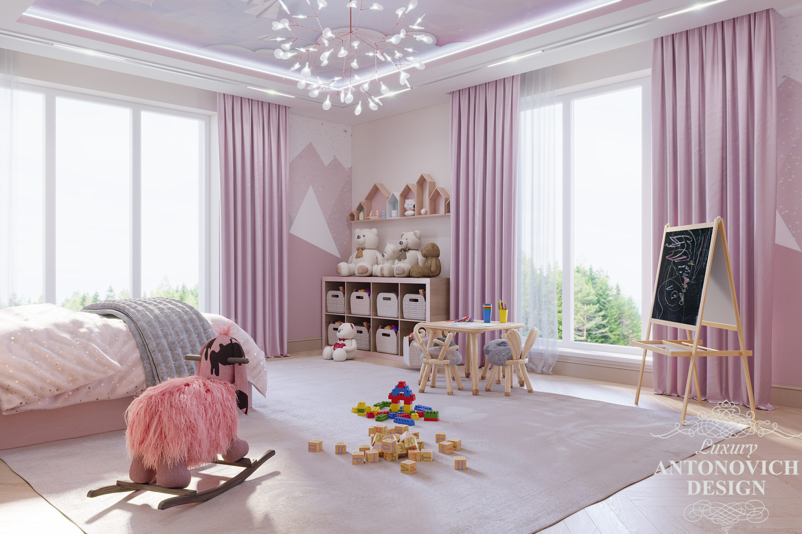 Сучасний дизайн світлої спальні для дитини. дизайн спальні в лавандових і рожевих відтінках в современномстіле