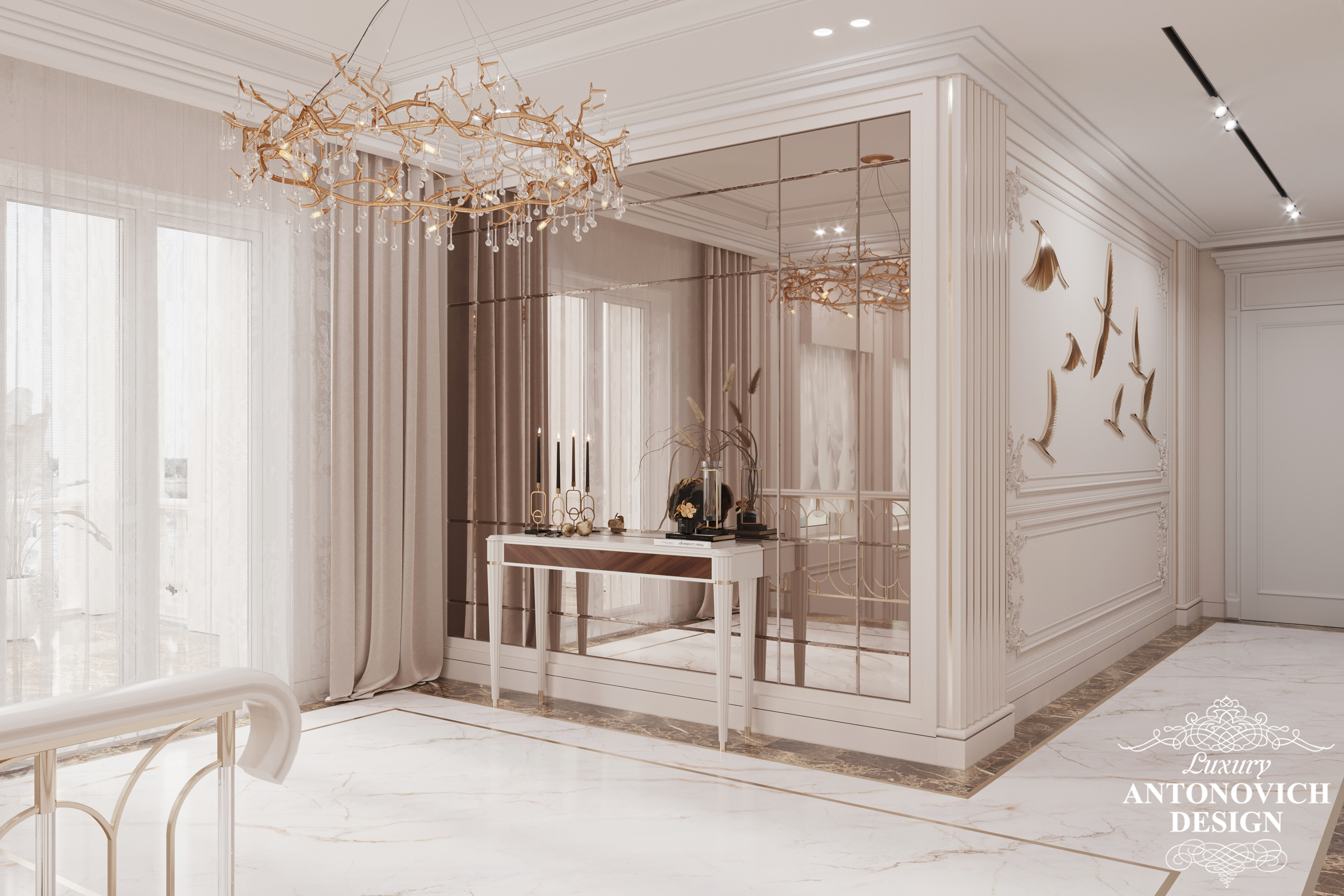 Дизайн холла второго этажа в элитном проекте коттеджа. зеркало с фацетом, роскошная дизайнерская люстра, декор из латуни в дизайне частного дома
