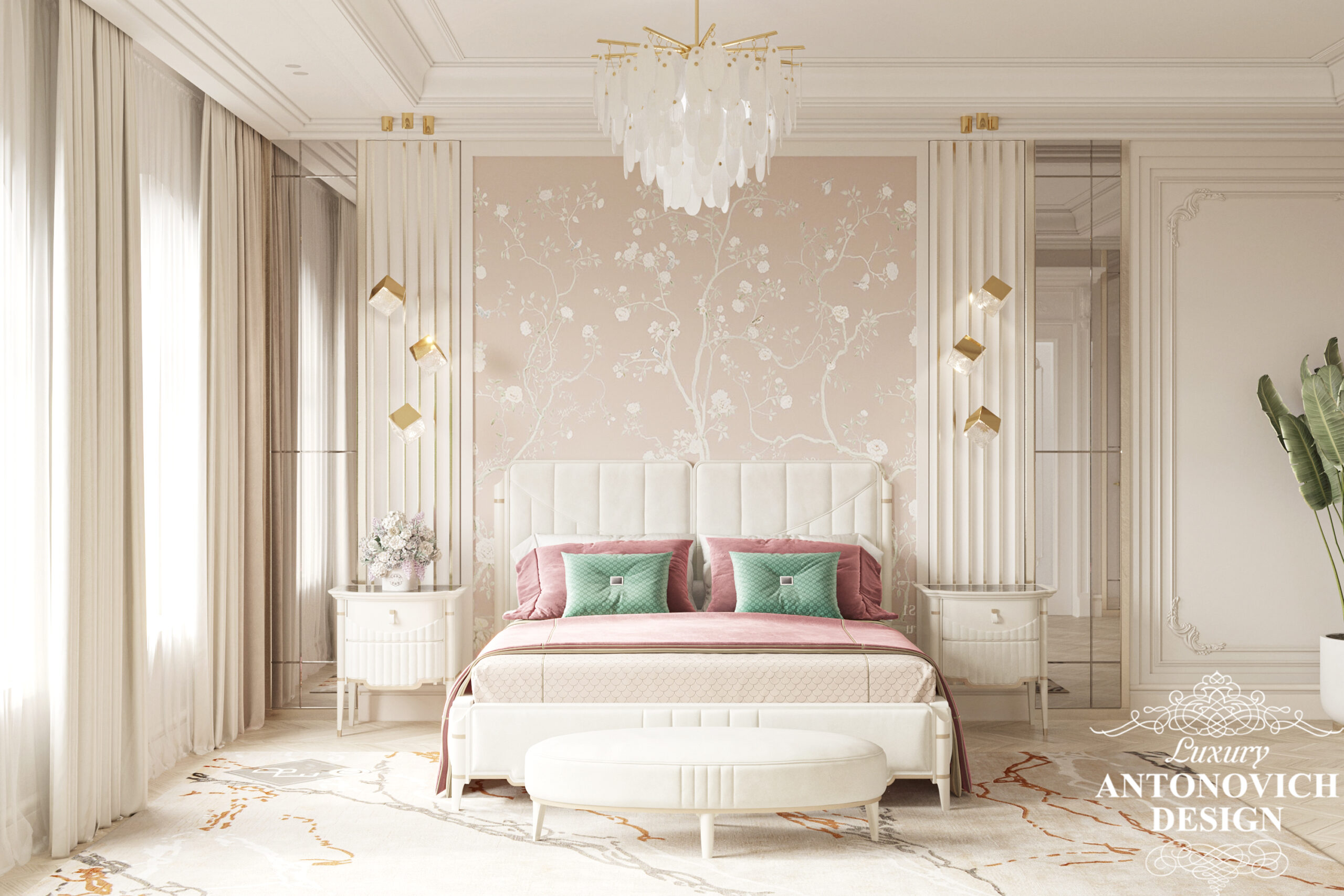 Нежный дизайн женской спальни с оригинальными светильниками и красивой настенной фреской
