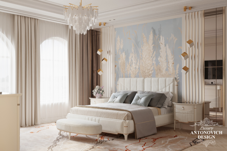 Дизайн жіночої спальні в сучасному стилі з фрескою небесно-блакитного відтінку. Дизайн котеджів в Києві