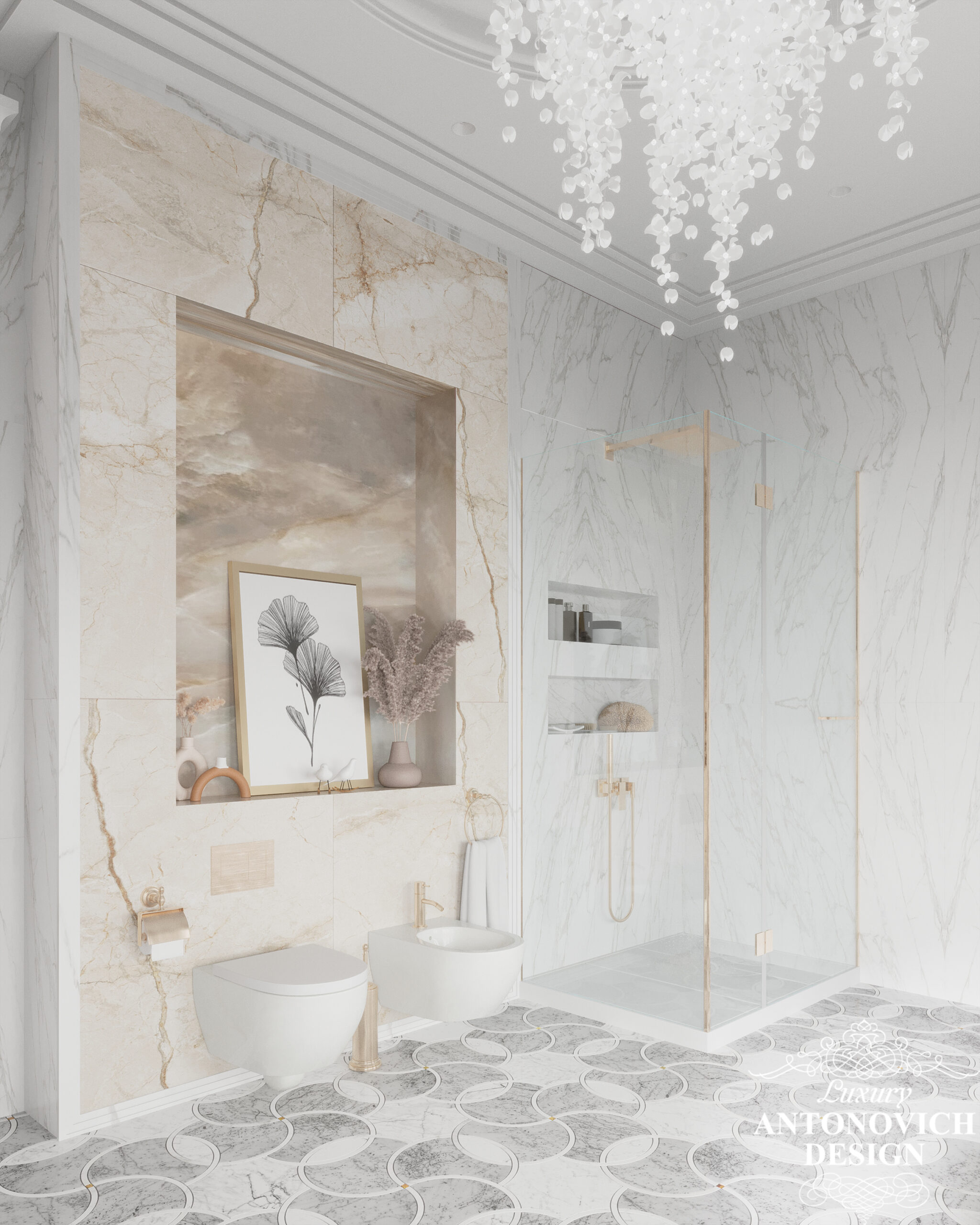 Оригінальна дизайнерська підвісна люстра, мармурова підлога, авторський декор в інтер'єрі елегантною ванної кімнати. Дизайн ванної для сім'ї в приватному будинку