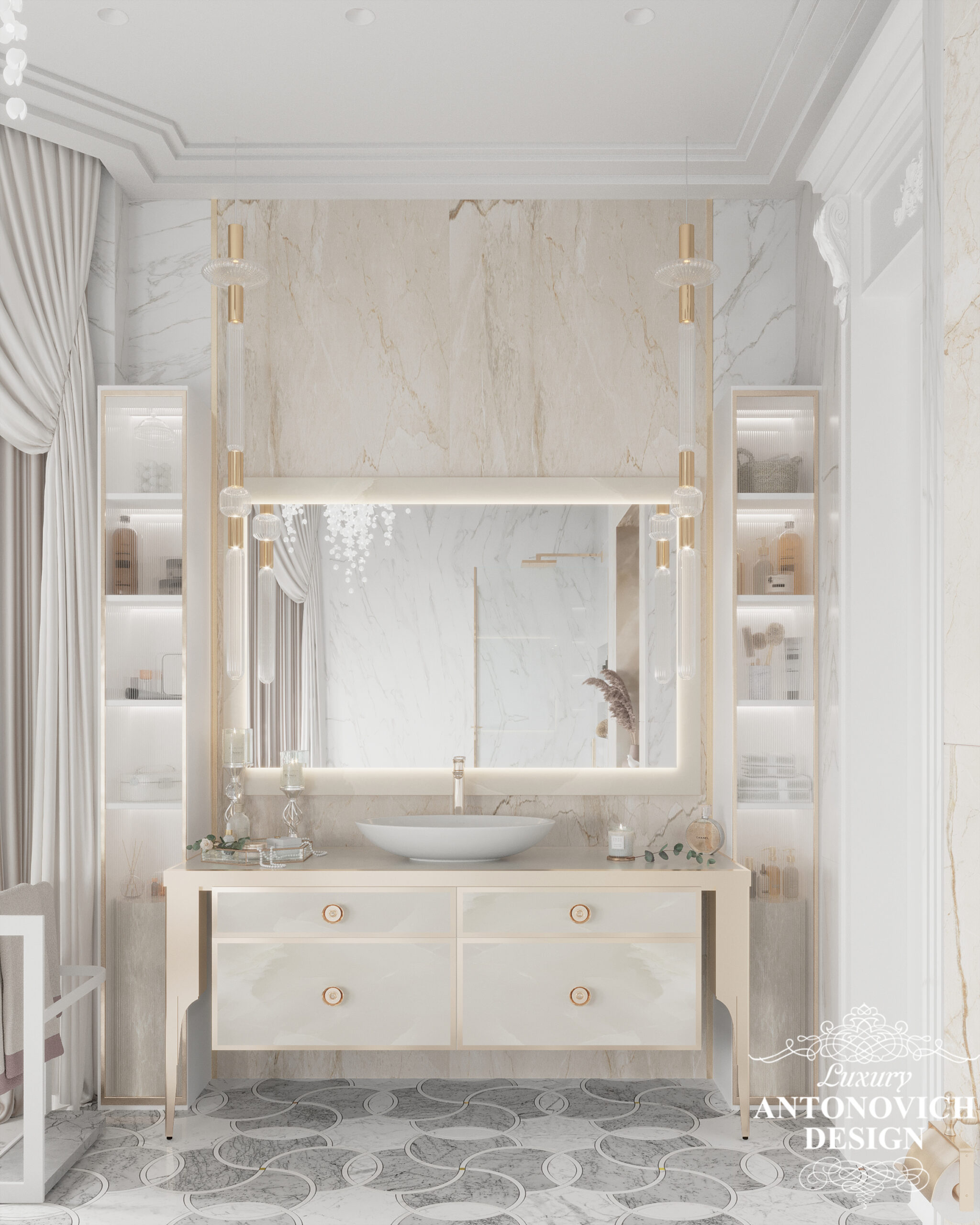 Мармур, латунний профіль, душова з загартованого скла, кавова палітра в дизайні сучасної ванної кімнати в стилі неокласика. Дизайн інтер'єрів