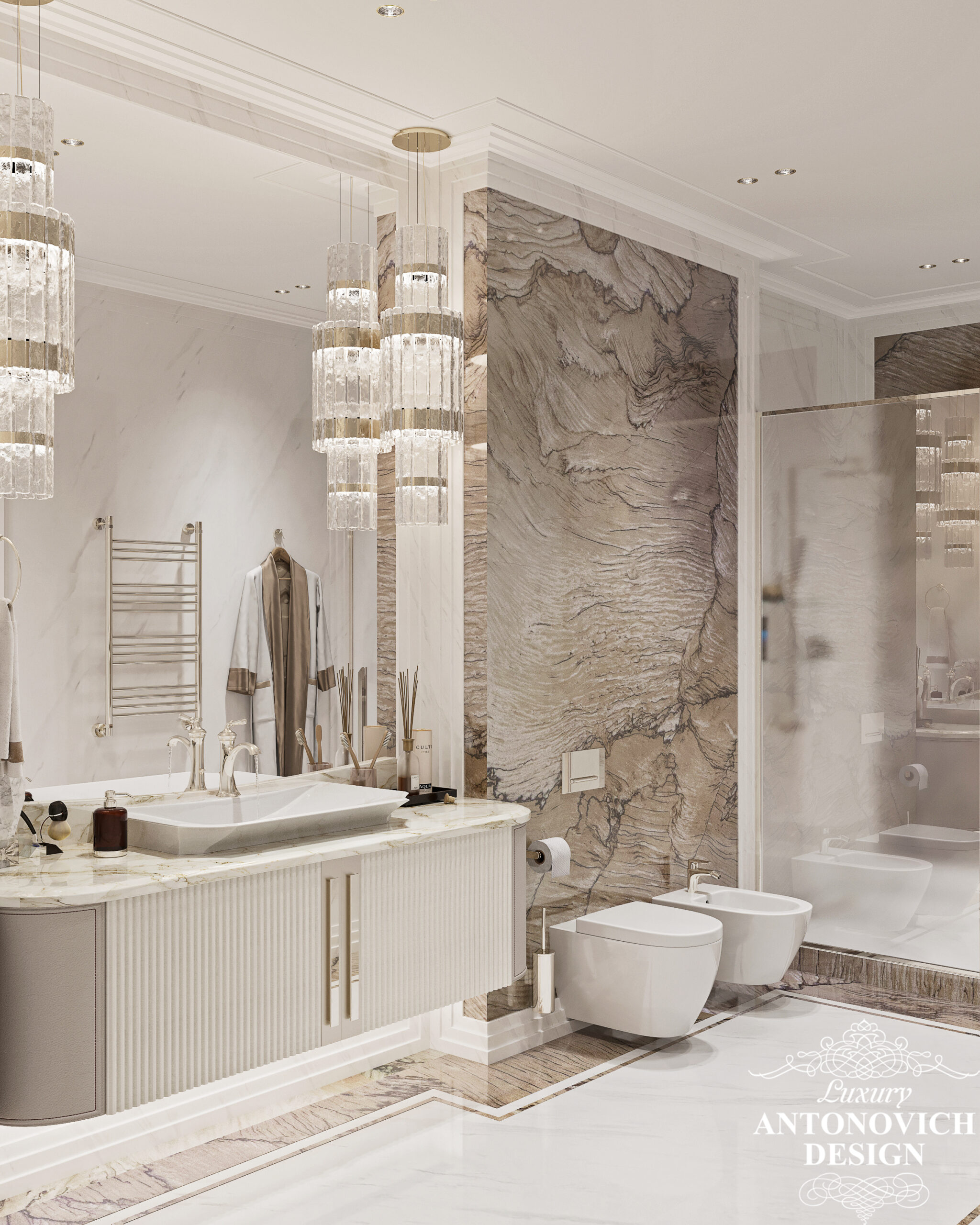 Мраморный сляб, отделка из мрамора в дизайне элегантной ванной комнаты в светлых оттенках. Дизайн ванной комнаты в Киеве
