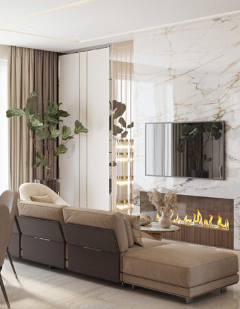 Дизайн гостиной в светлых оттенках, с ТВ-зоной и камином. Интерьер таунхауса в Канаде