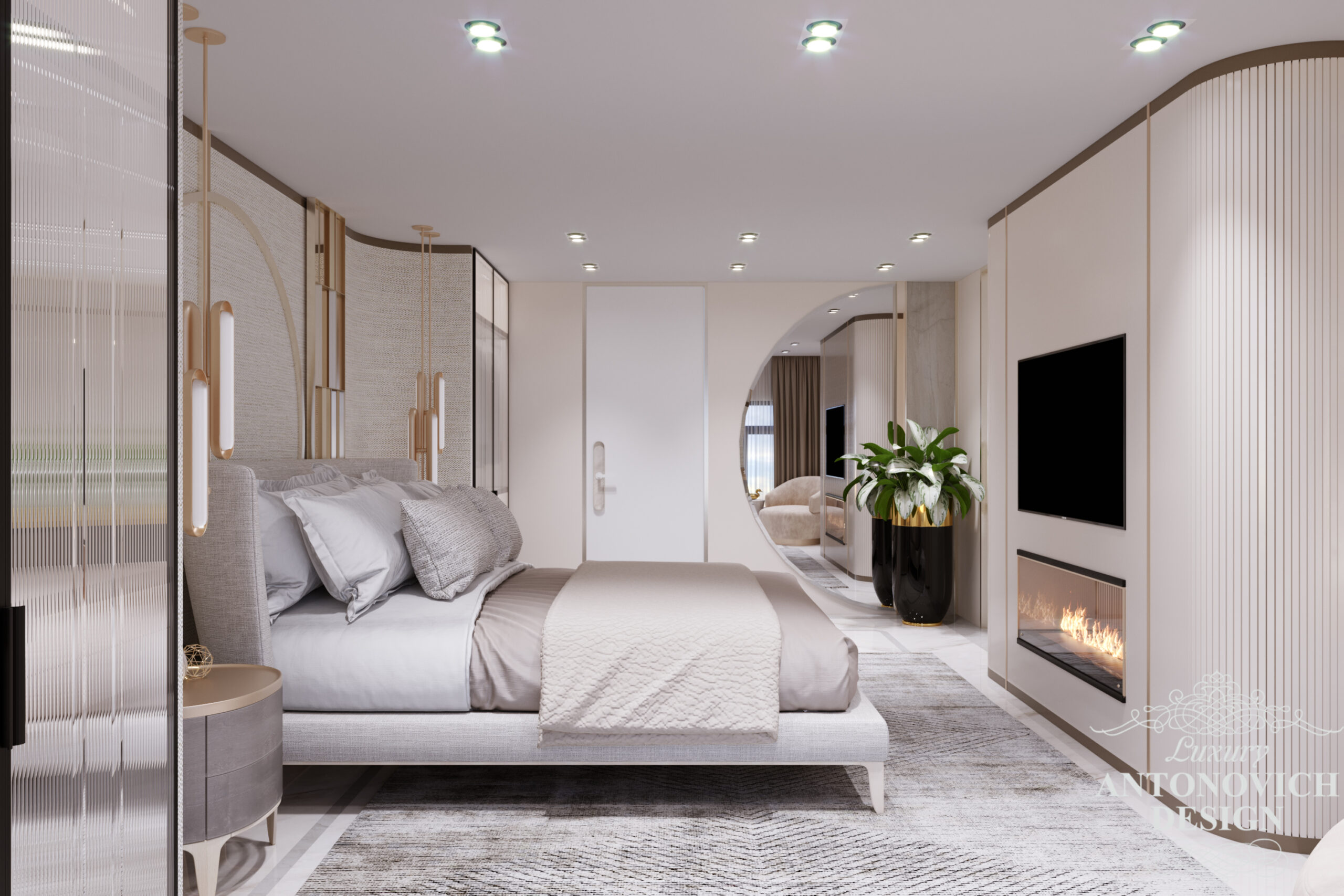 Сучасний дизайн спальні в світлій лаконічною палітрі. камін в інтер'єрі спальні господарів в проекті приватного будинку