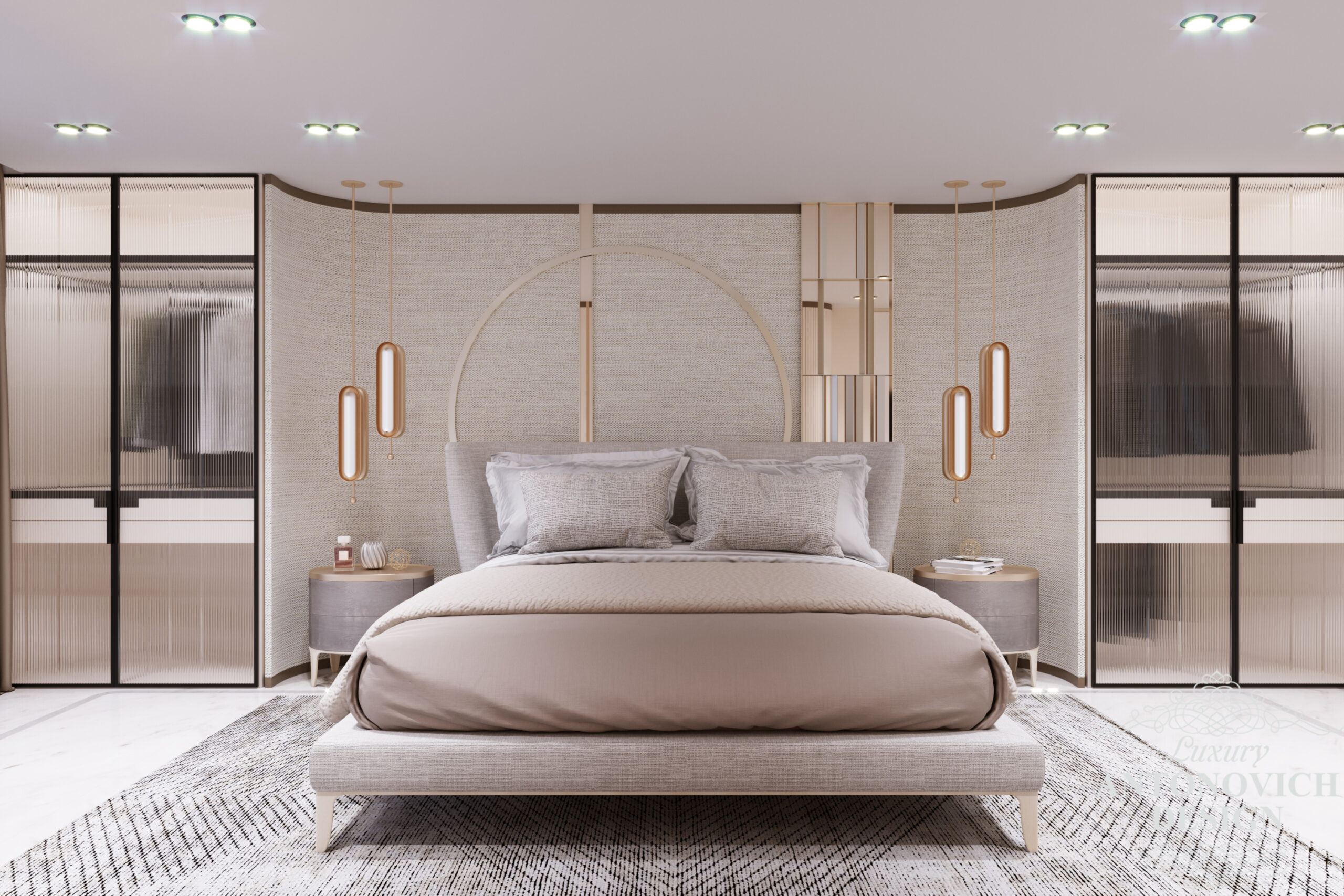 Стильный дизайн спальни с отделкой из натуральных материалов Тканевая отделка стен и трендовые светильники в интерьере спальни в дизайне таунхауса