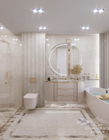 Дизайн хозяйского санузла. с отделкой из мрамора в светлых тонах. Современные тренды в дизайне ванной комнаты.