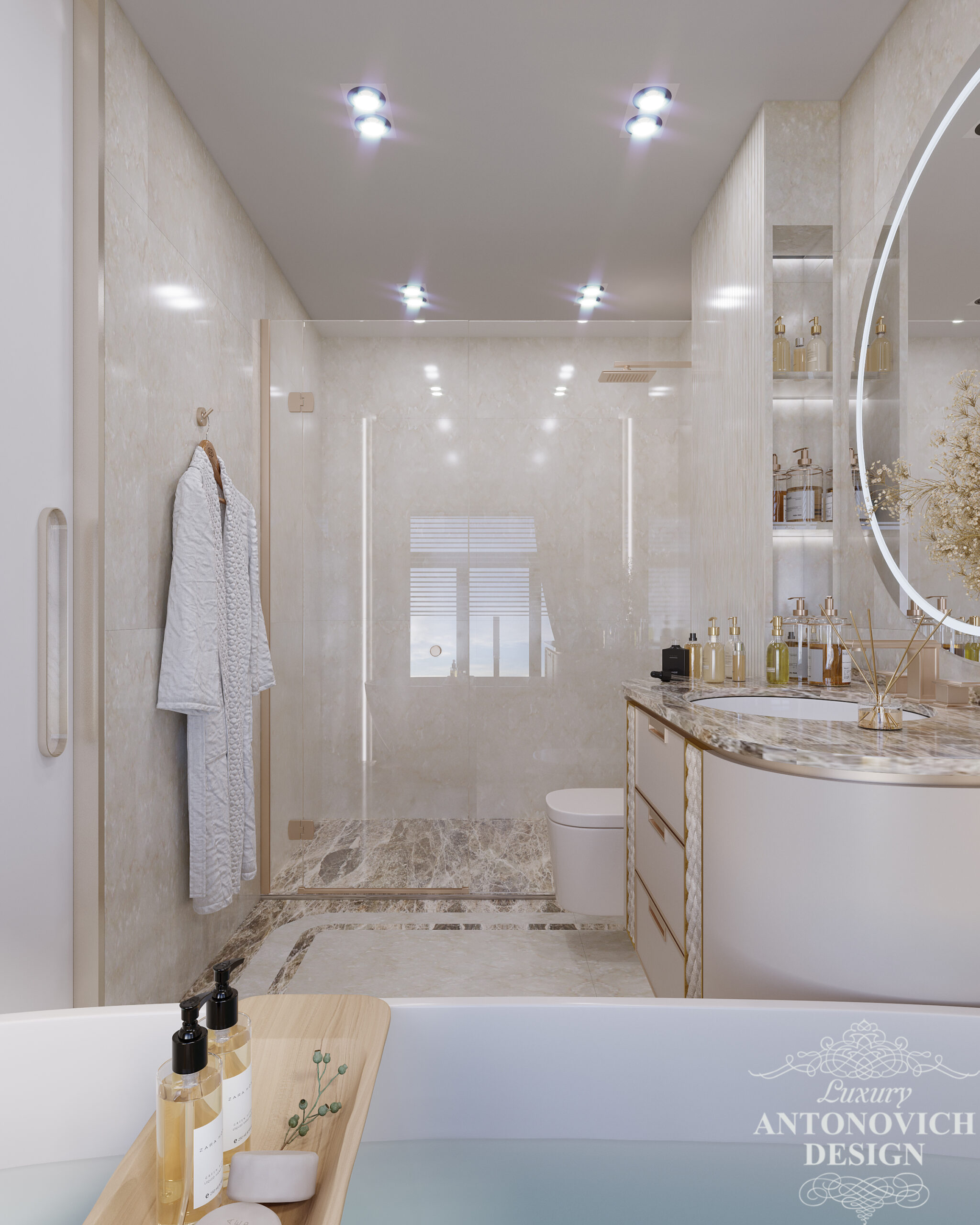 Відкрита душова перегородка в дизайні ванної кімнати. Інтер'єр приватного будинку в сучасному стилі