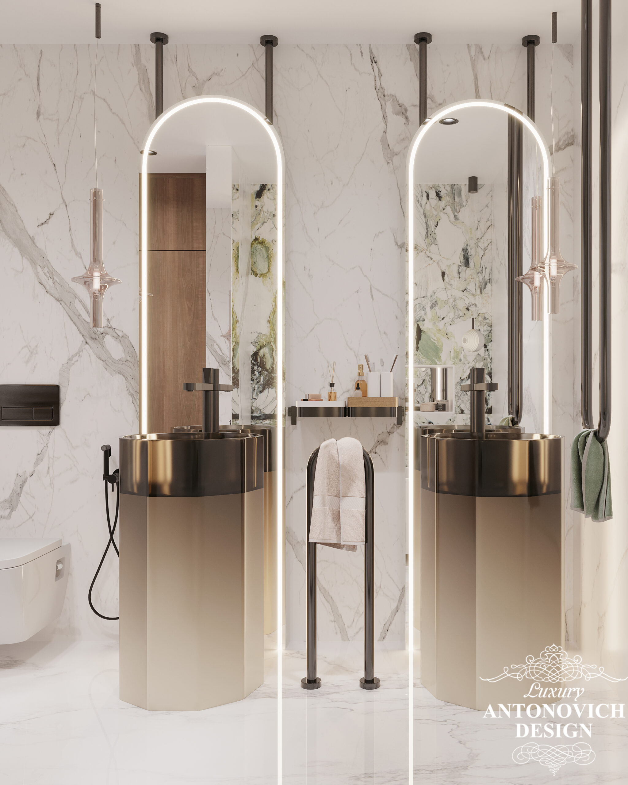 тільний дизайн проект ванної з вбудованими підлоговими умивальниками і дзеркалами з яскравим підсвічуванням.