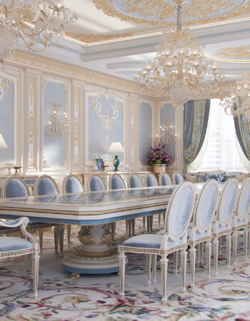Мебель в классическом стиле, роскошные стулья, мраморная столешница, изысканная лепнина в дизайне банкетного зала. Проекты частных домов