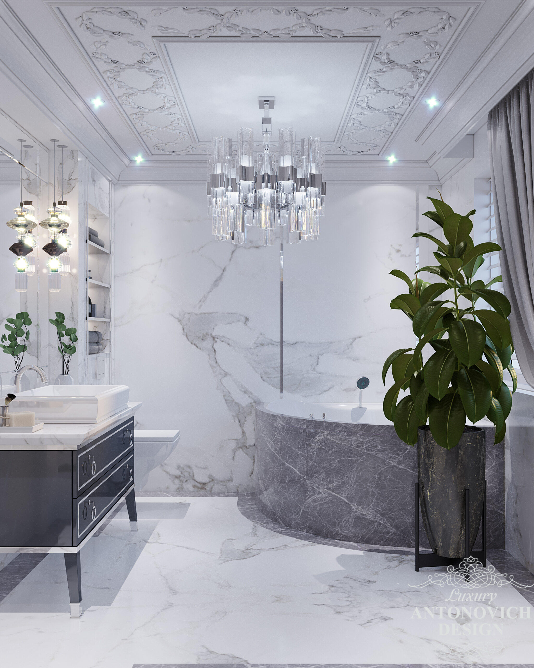 ванная в стиле неоклассика, лепной декор в ванной, люстра в ванную. Дизайн проект ванной комнаты в современном стиле в интерьере дома.