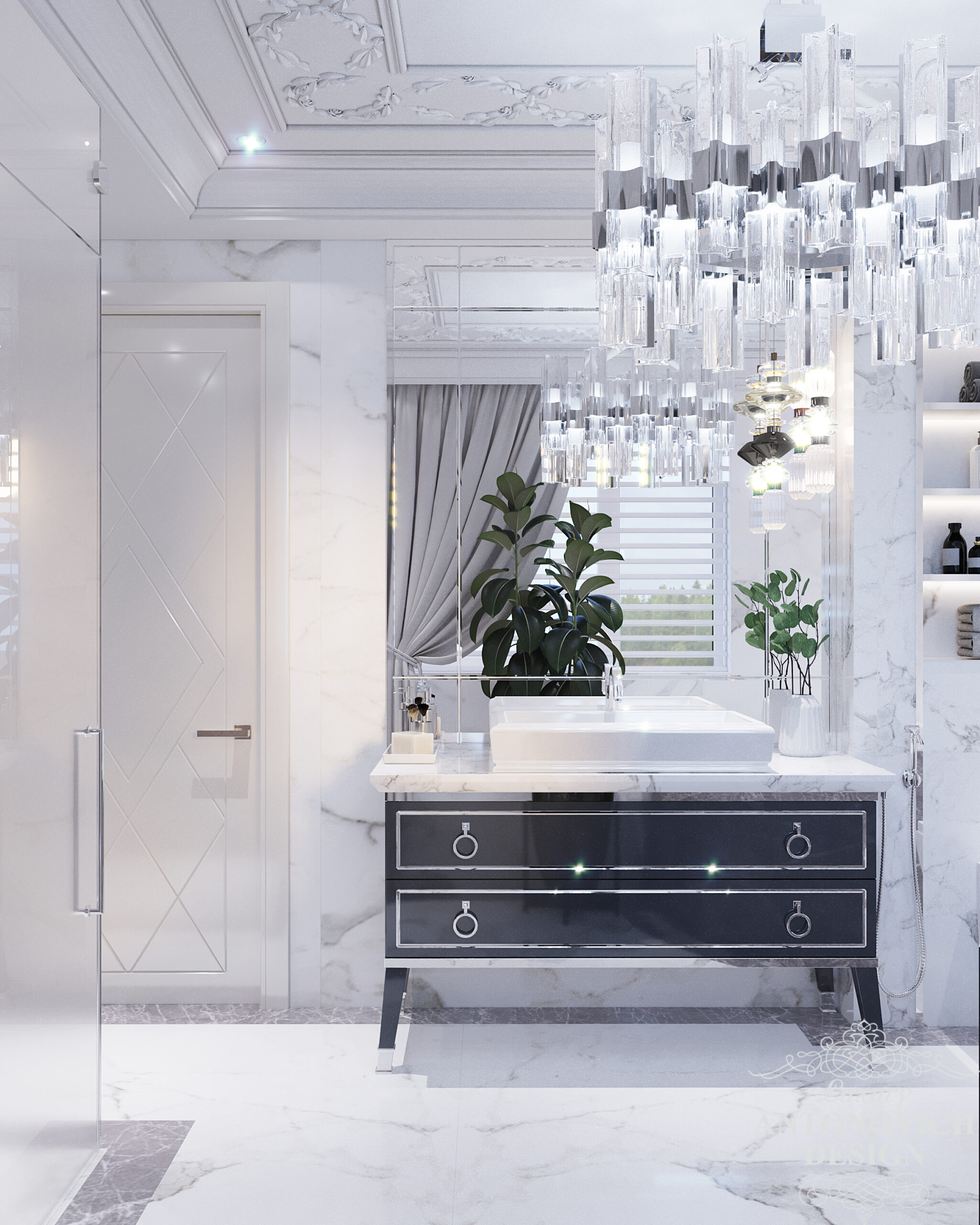 Дизайн ванной комнаты в белых и графитовых оттенках, мрамор Calacatta, коллекция Oasis Italy, хрустальная люстра с хромированным напылением.