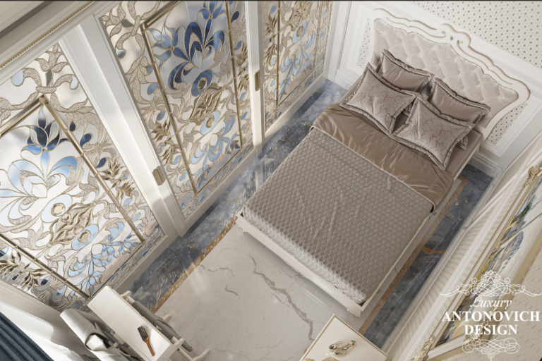 Гостевая спальня в дизайне элитного коттеджа в классическом стиле. с кроватью Giorgio Collection. Дизайн-проект элитного двухэтажного коттеджа в пригороде
