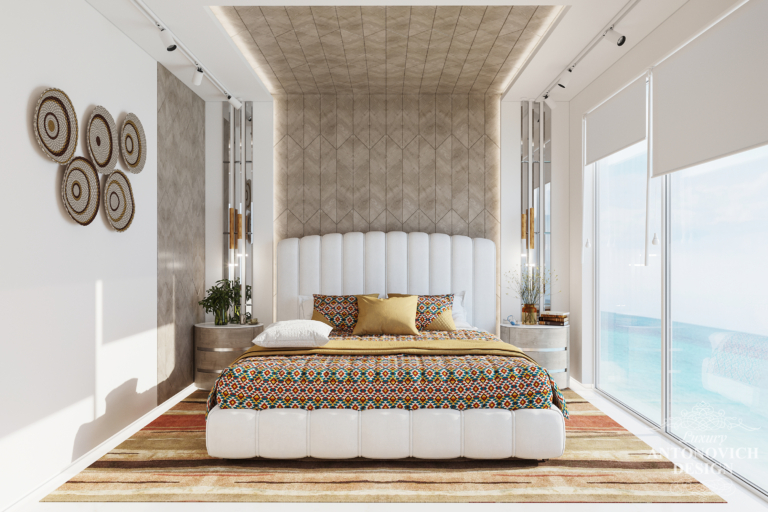 дизайн хазяйської спальні в сучасному стилі з середземноморськими акцентами. М'які панелі, дзеркала в Фацетні техніці, ліжко з рельєфним узголів'ям в дизайні спальні