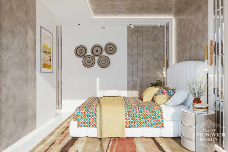 Дизайн спальни с этическими мотивами. современный стиль в интерьере спальни с панорамным видом на море