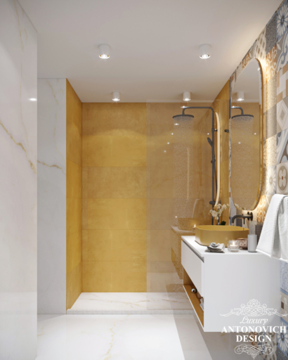 майстер-ванна в яскравих відтінках жовтого і білого кольорів. сучасна ванна кімната в проекті елітної квартири в жк преміум-класу